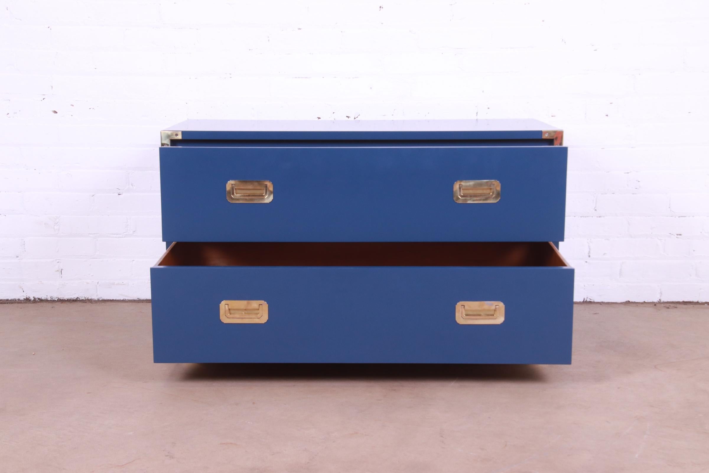 Brass Henredon Hollywood Regency Campaign Blue Lacquered Chest of Drawers, Refinished For Sale