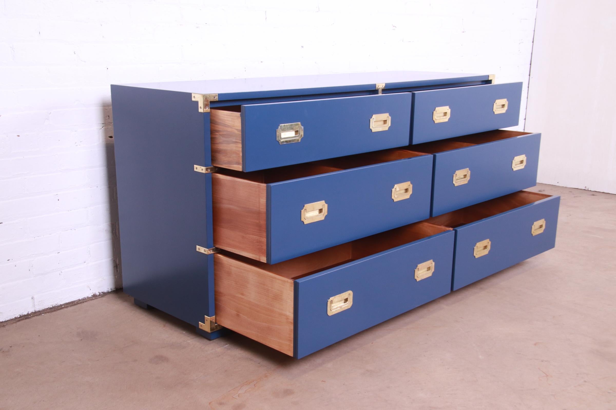 Henredon Hollywood Regency Campaign Blue Lacquered Dresser, Newly Refinished 4