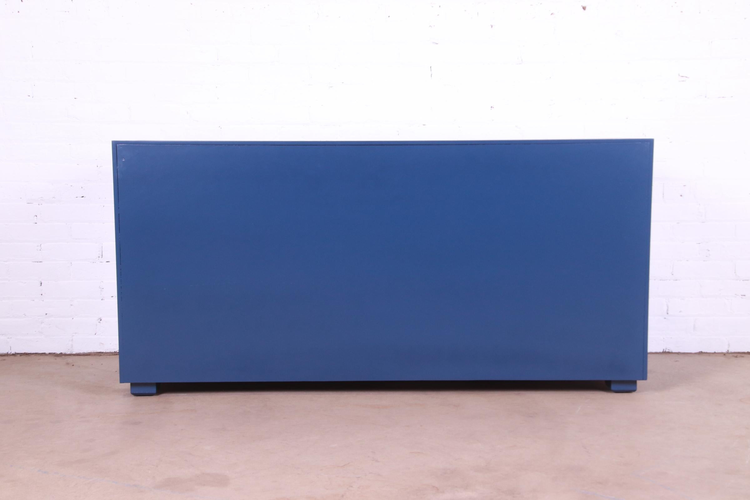 Henredon Hollywood Regency Campaign Blue Lacquered Dresser, Newly Refinished 9