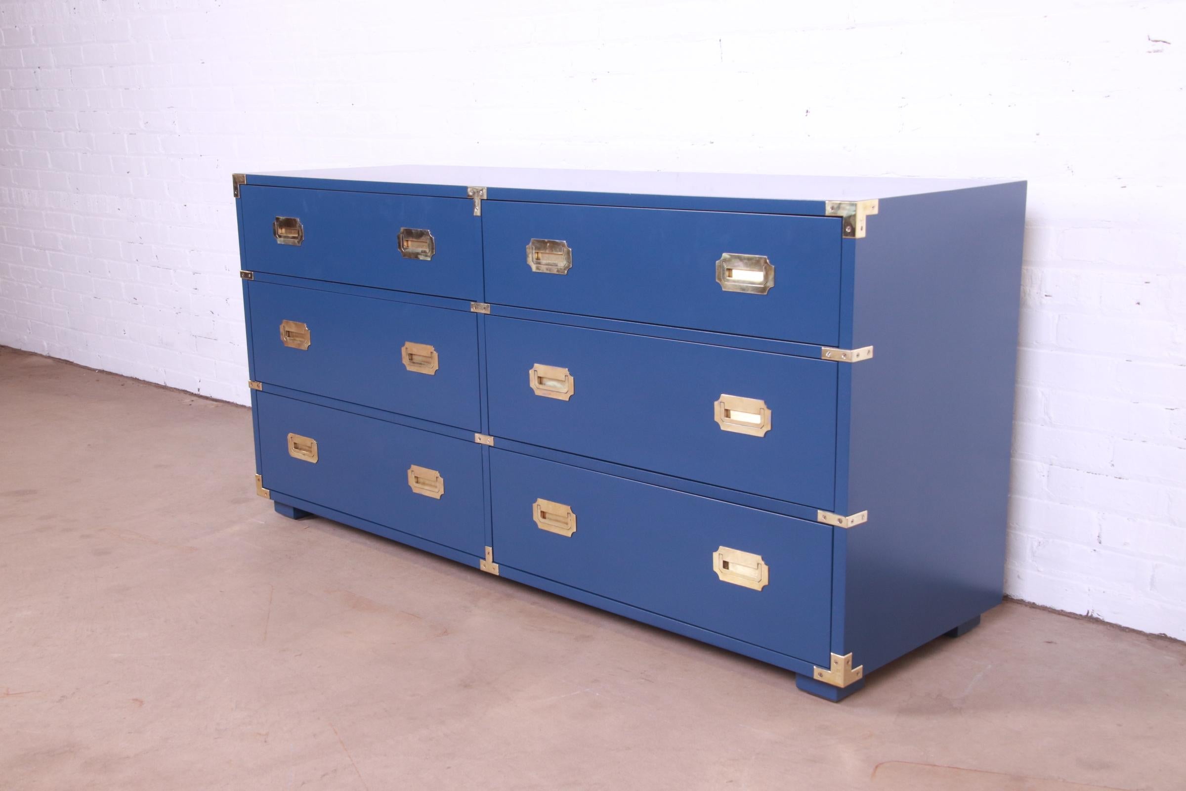 Mid-Century Modern Henredon Hollywood Regency Campaign Blue Lacquered Dresser, Newly Refinished