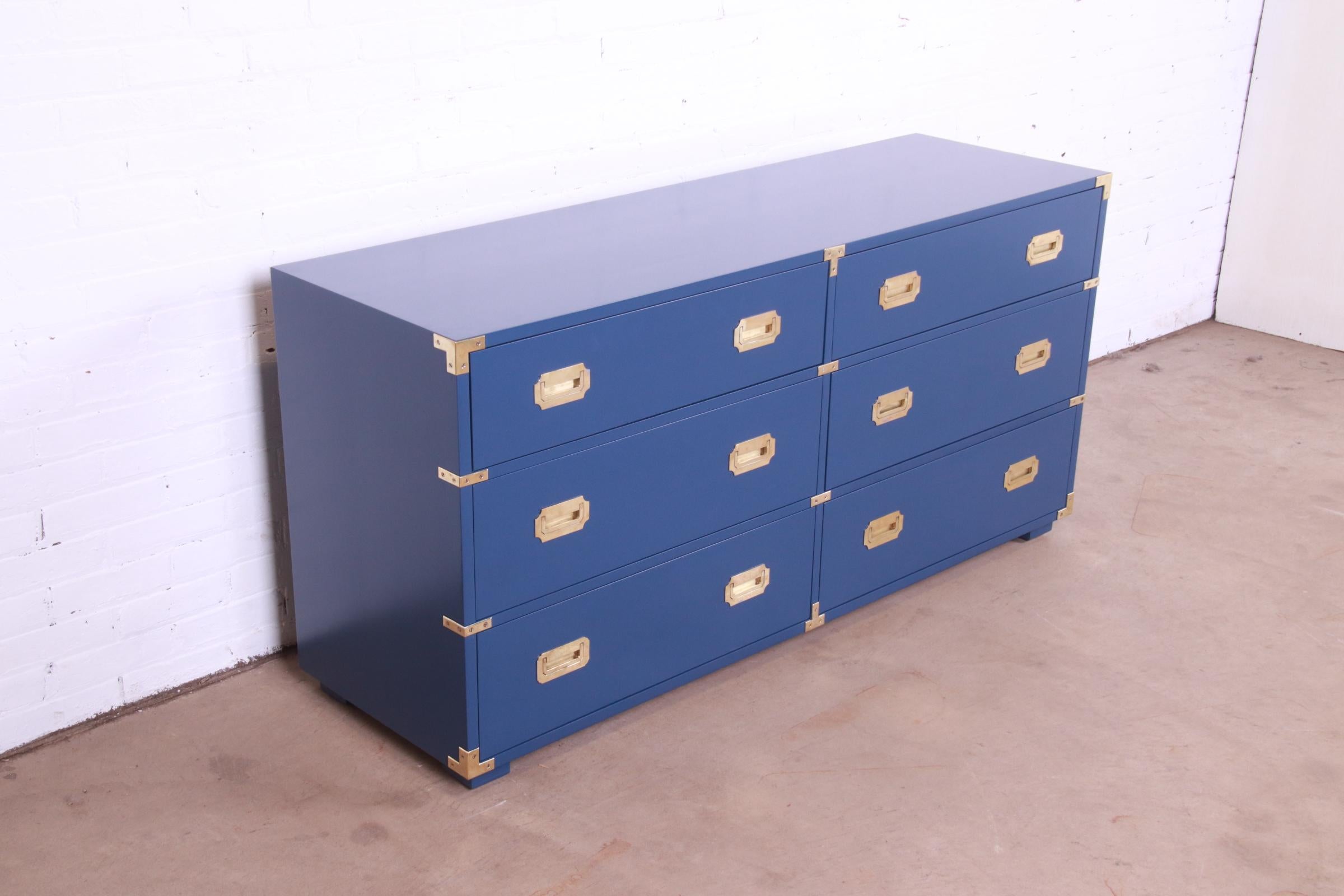 American Henredon Hollywood Regency Campaign Blue Lacquered Dresser, Newly Refinished