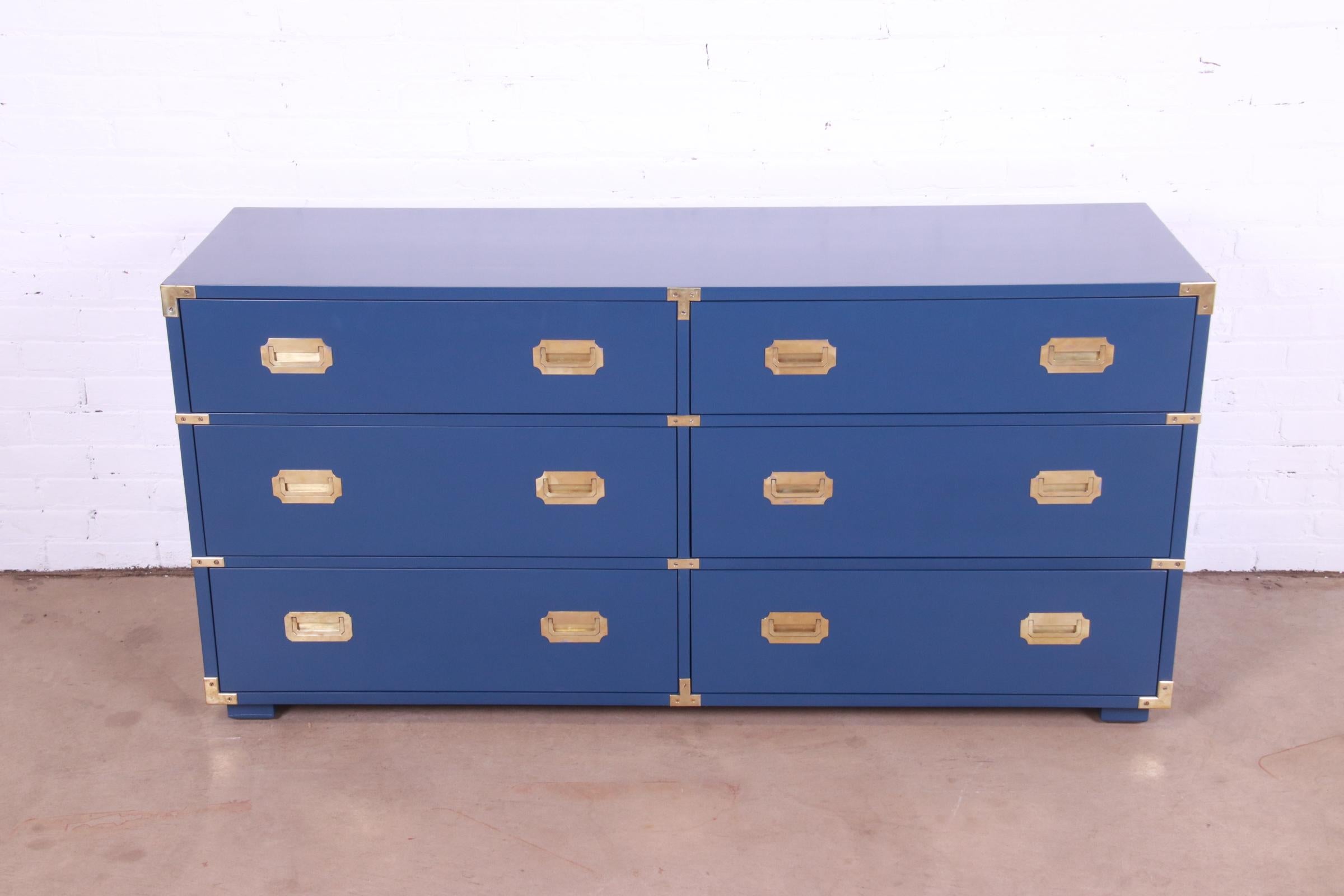 Mid-20th Century Henredon Hollywood Regency Campaign Blue Lacquered Dresser, Newly Refinished
