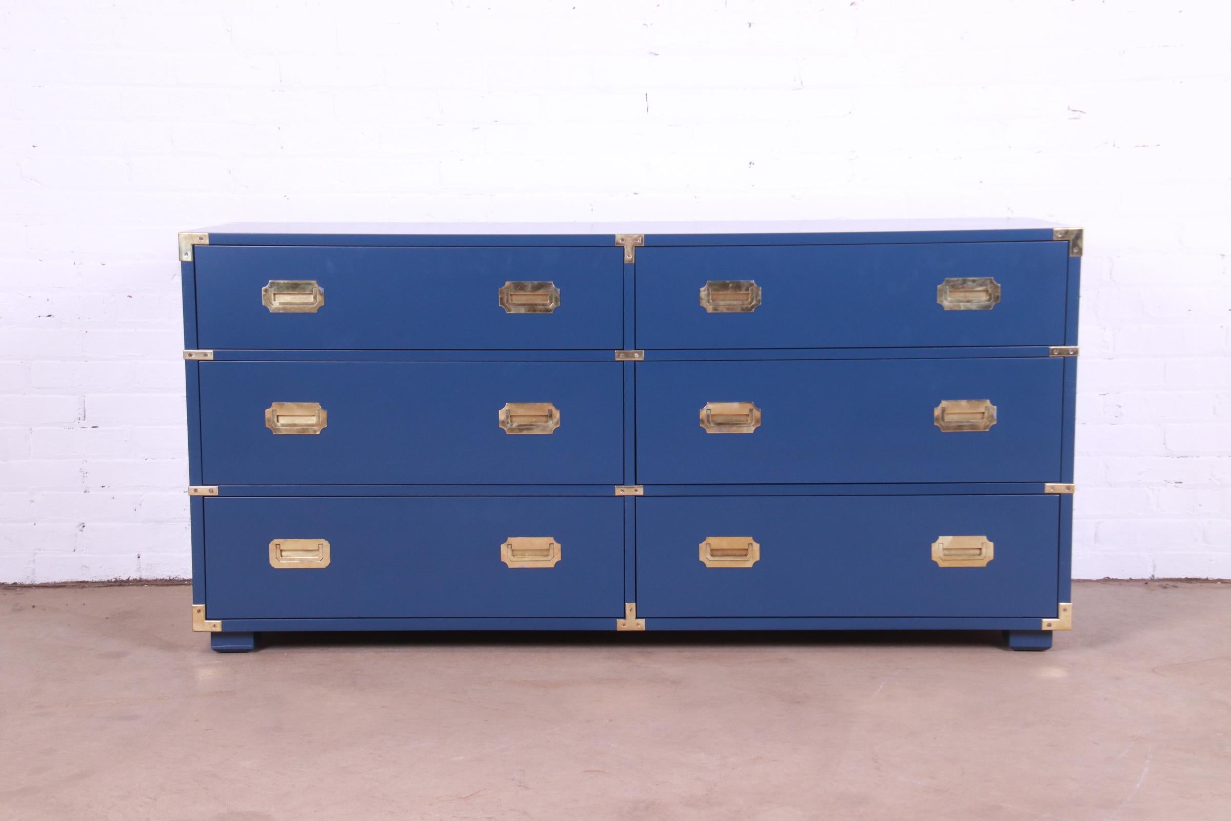 Brass Henredon Hollywood Regency Campaign Blue Lacquered Dresser, Newly Refinished