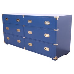 Henredon Hollywood Regency Campaign Blue Lacquered Dresser, Newly Refinished