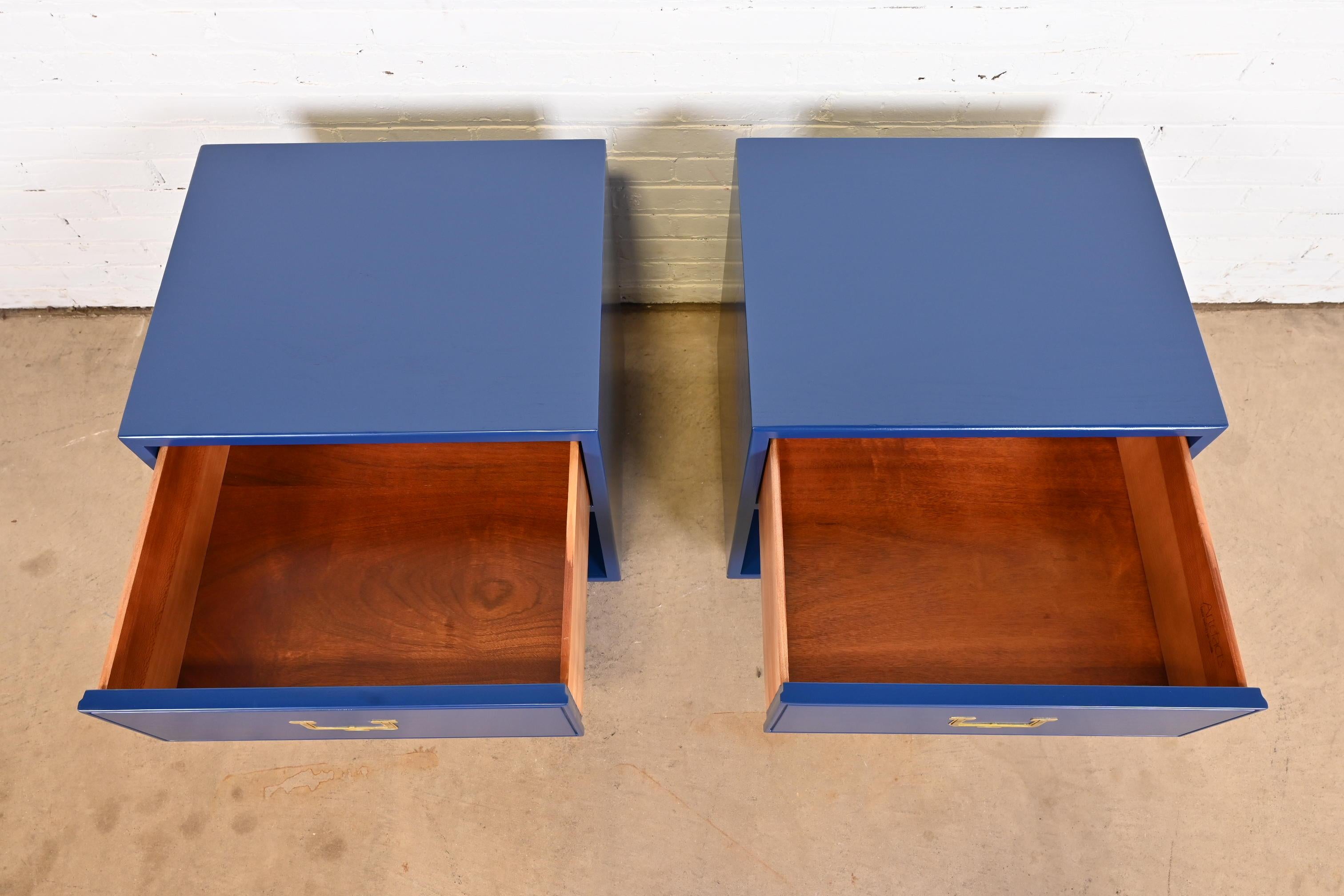 Henredon Hollywood Regency Campaign Blue Lacquered Nightstands, Newly Refinished For Sale 3