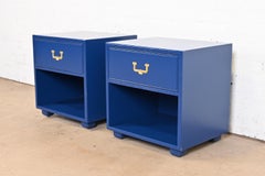 Henredon Hollywood Regency Campaign Blue Lacquered Nightstands, Newly Refinished