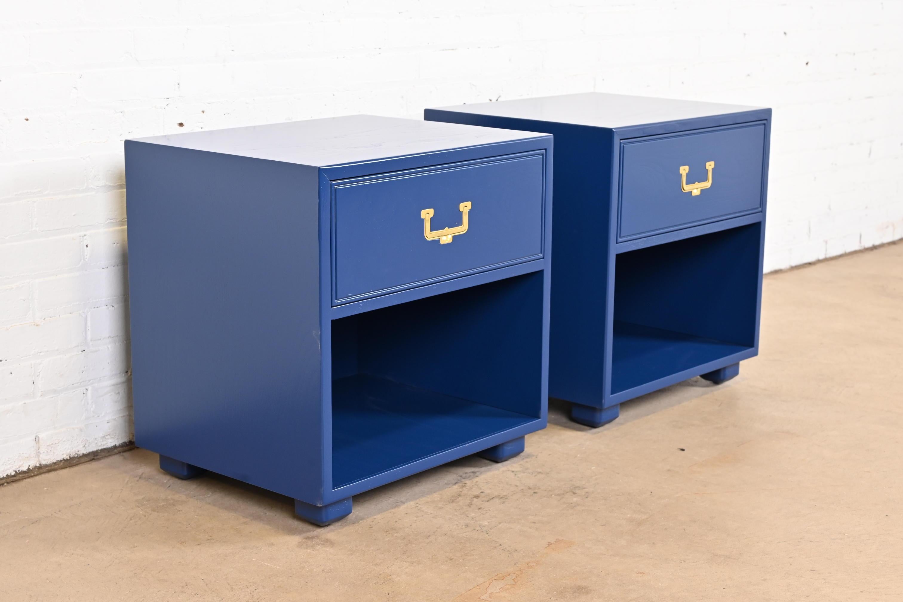 Brass Henredon Hollywood Regency Campaign Blue Lacquered Nightstands, Newly Refinished For Sale