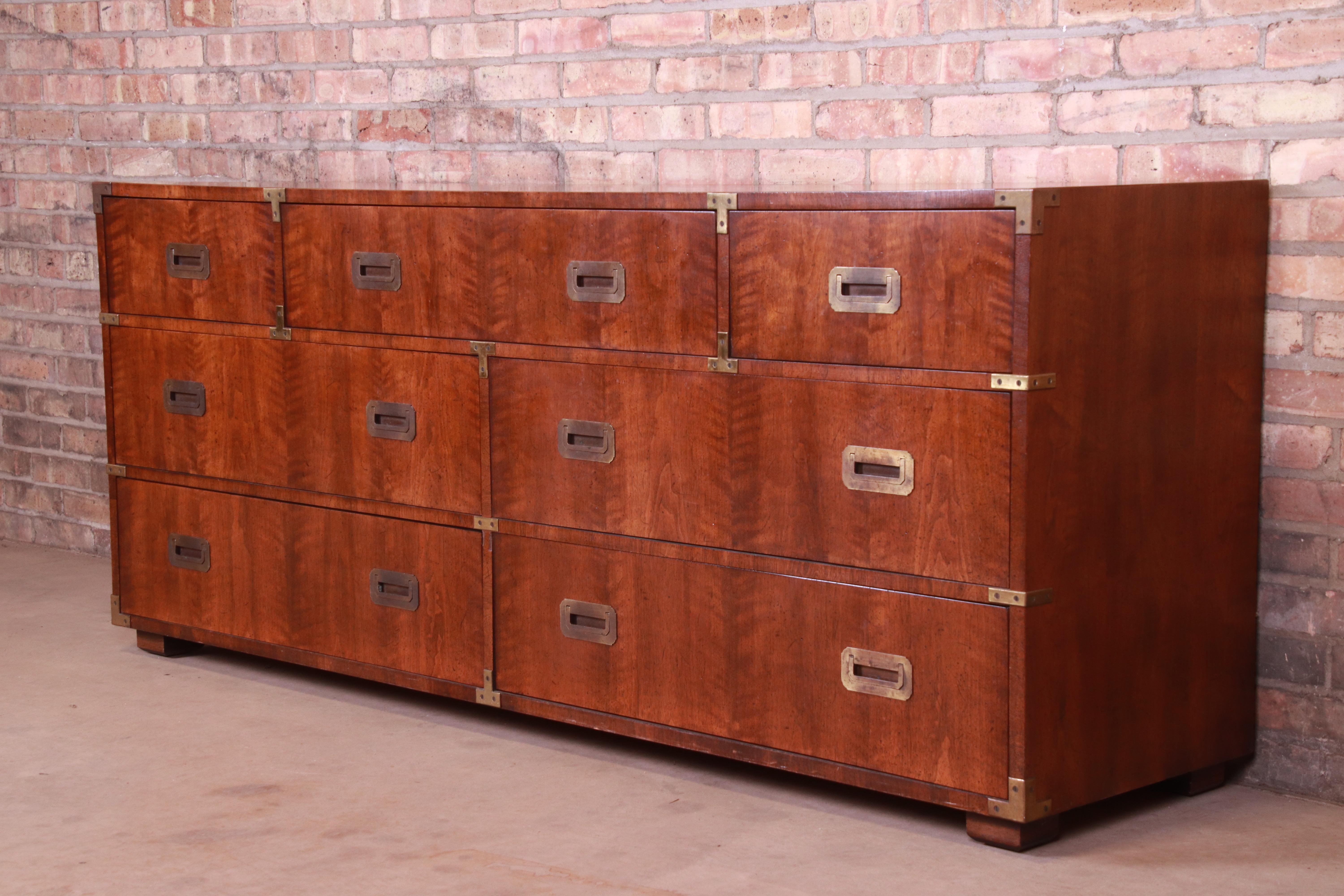 American Henredon Hollywood Regency Campaign Mahogany and Brass Dresser or Credenza