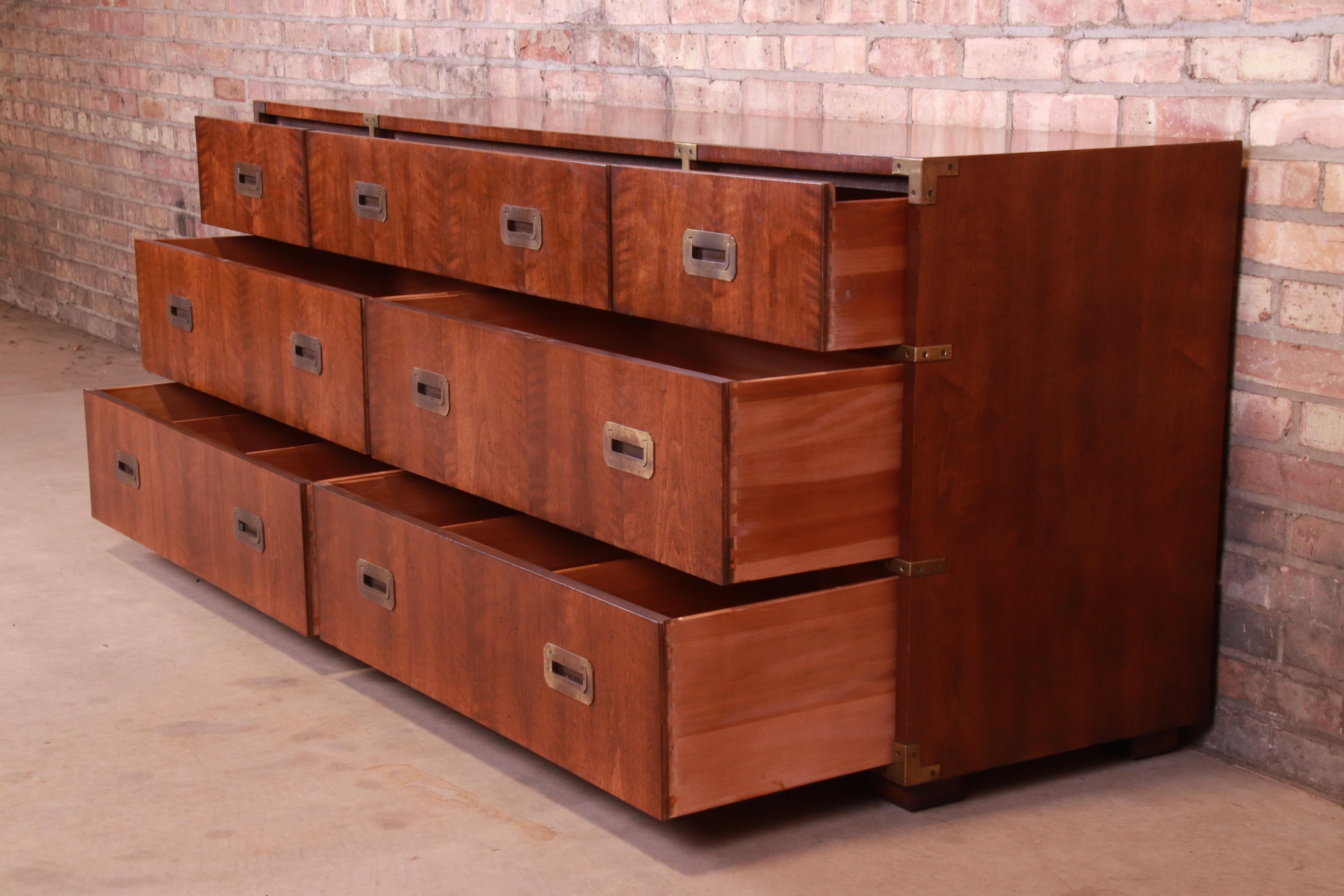 Late 20th Century Henredon Hollywood Regency Campaign Mahogany and Brass Dresser or Credenza