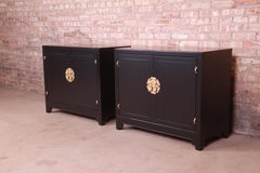 Henredon Hollywood Regency Chinoiserie Black Lacquered Cabinets, Refinished