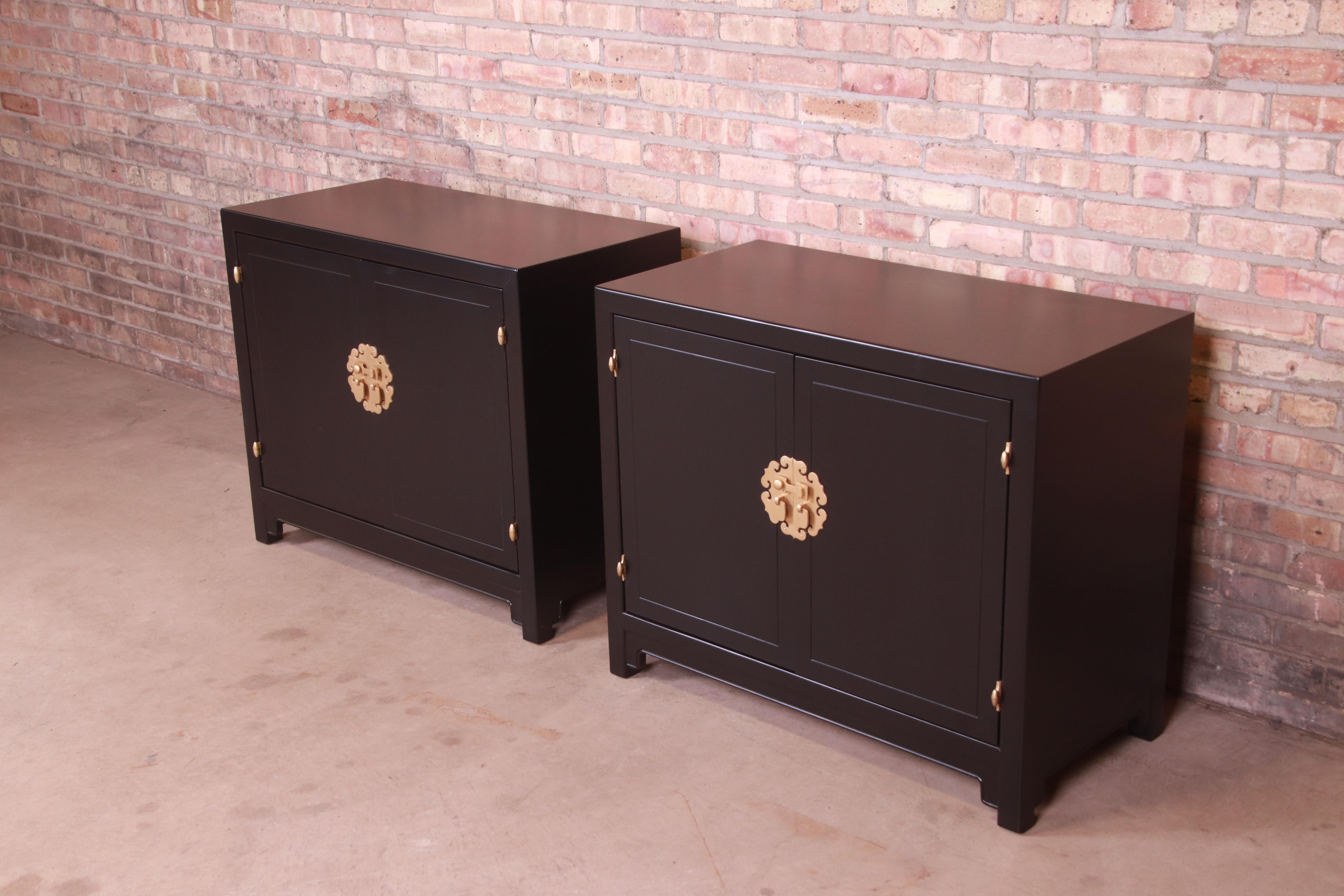 Mid-Century Modern Henredon Hollywood Regency Chinoiserie Black Lacquered Cabinets, Refinished