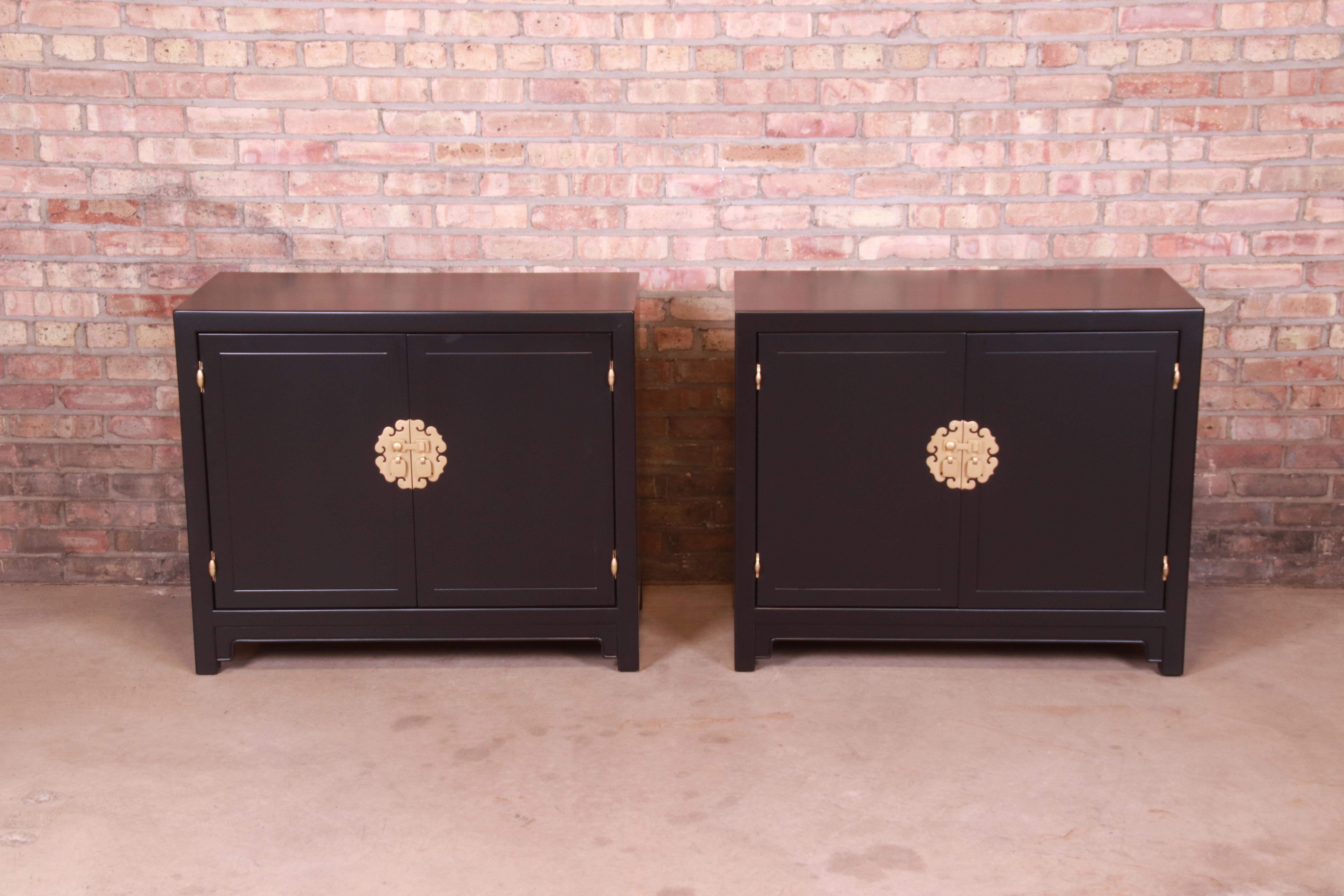 American Henredon Hollywood Regency Chinoiserie Black Lacquered Cabinets, Refinished