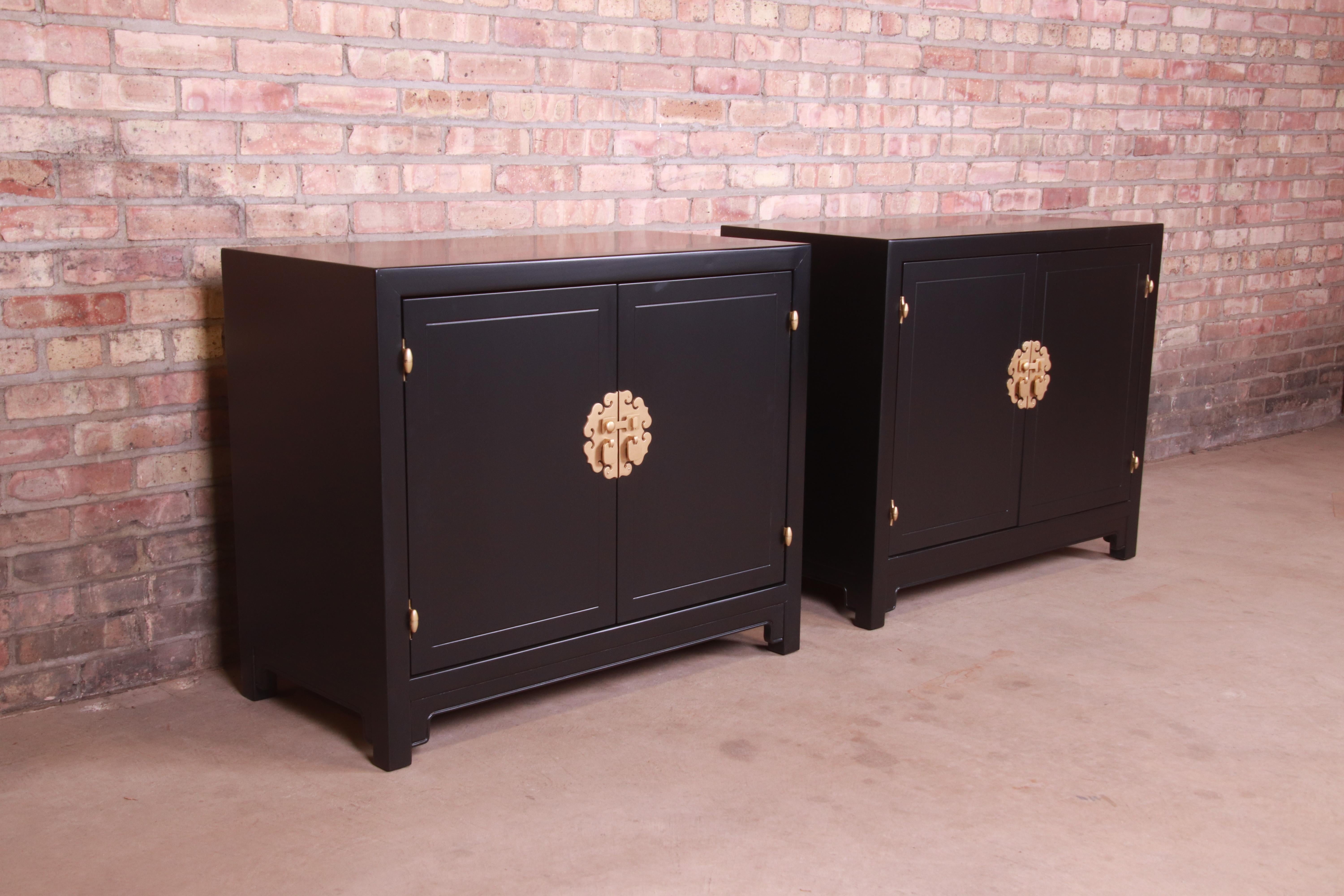 Late 20th Century Henredon Hollywood Regency Chinoiserie Black Lacquered Cabinets, Refinished