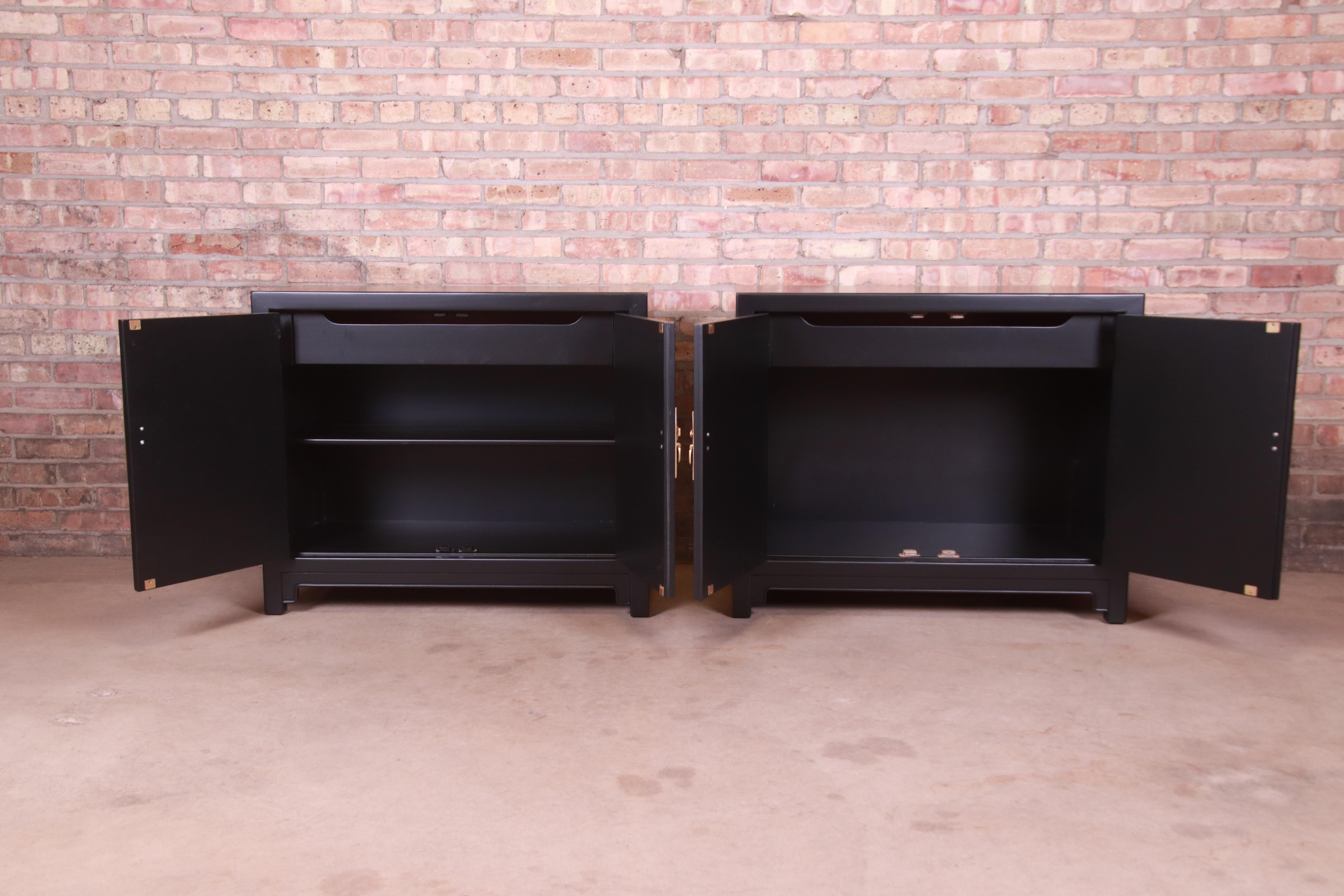 Brass Henredon Hollywood Regency Chinoiserie Black Lacquered Cabinets, Refinished