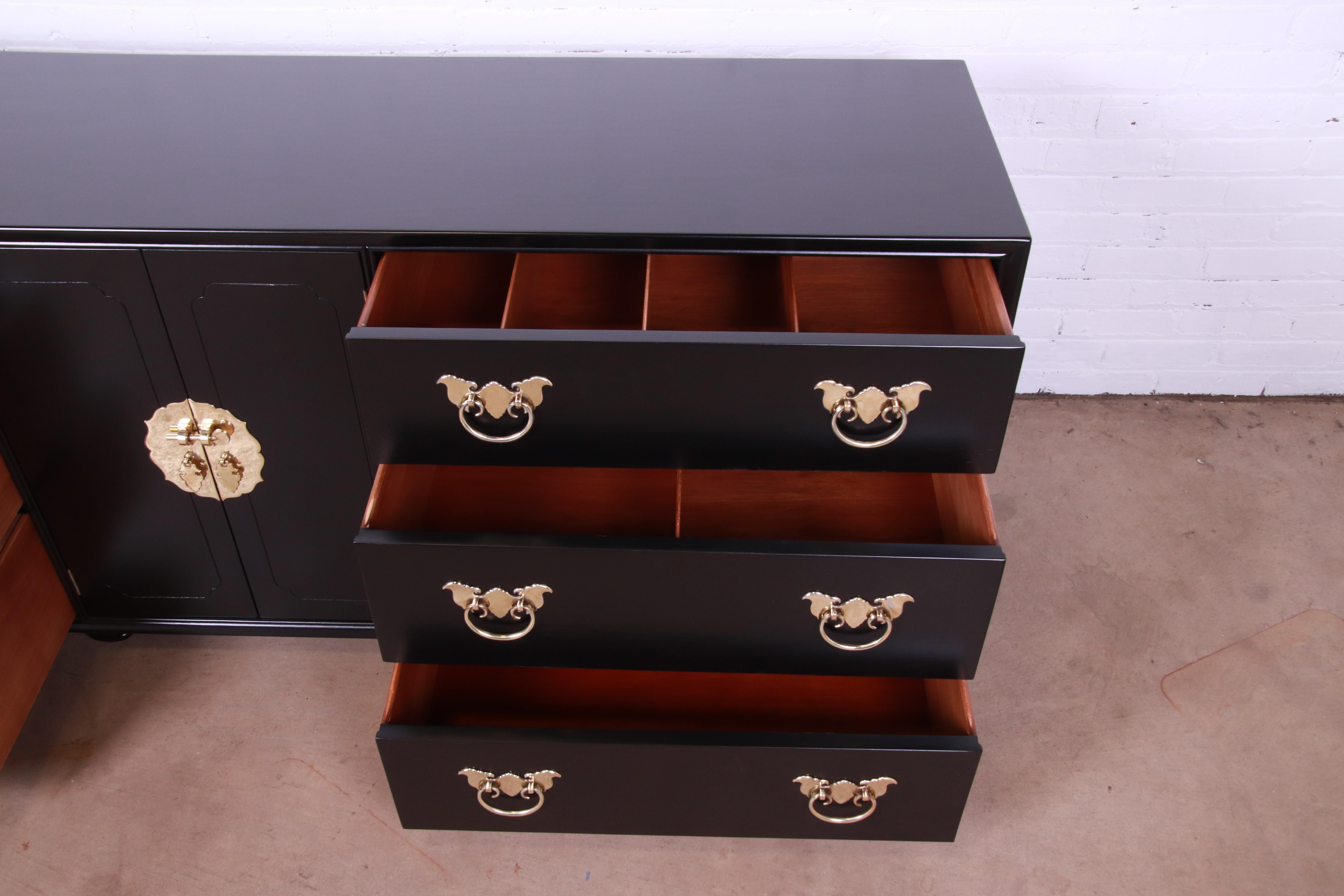 Henredon Hollywood Regency Chinoiserie Black Lacquered Dresser, Newly Refinished 3