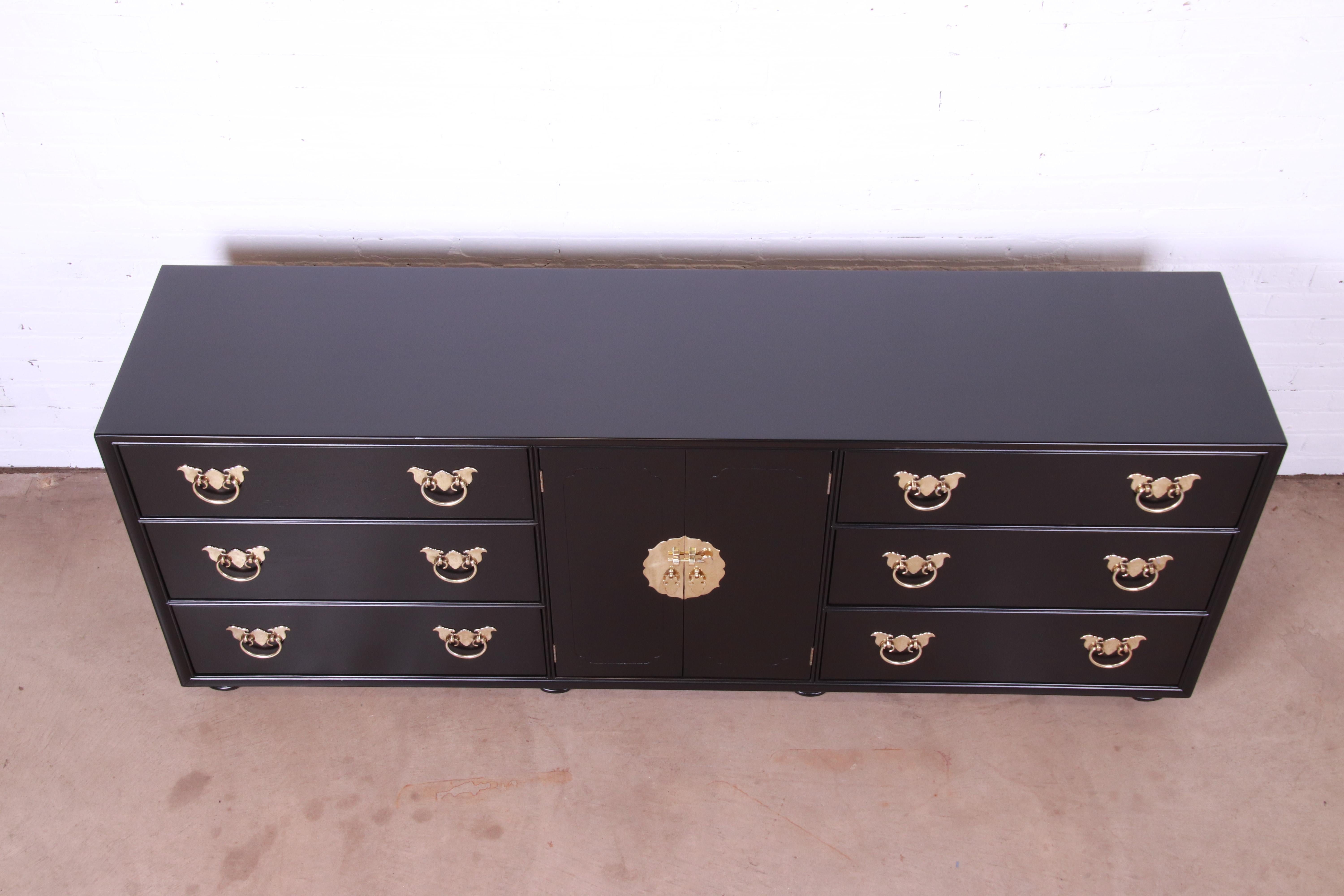 Henredon Hollywood Regency Chinoiserie Black Lacquered Dresser, Newly Refinished 5