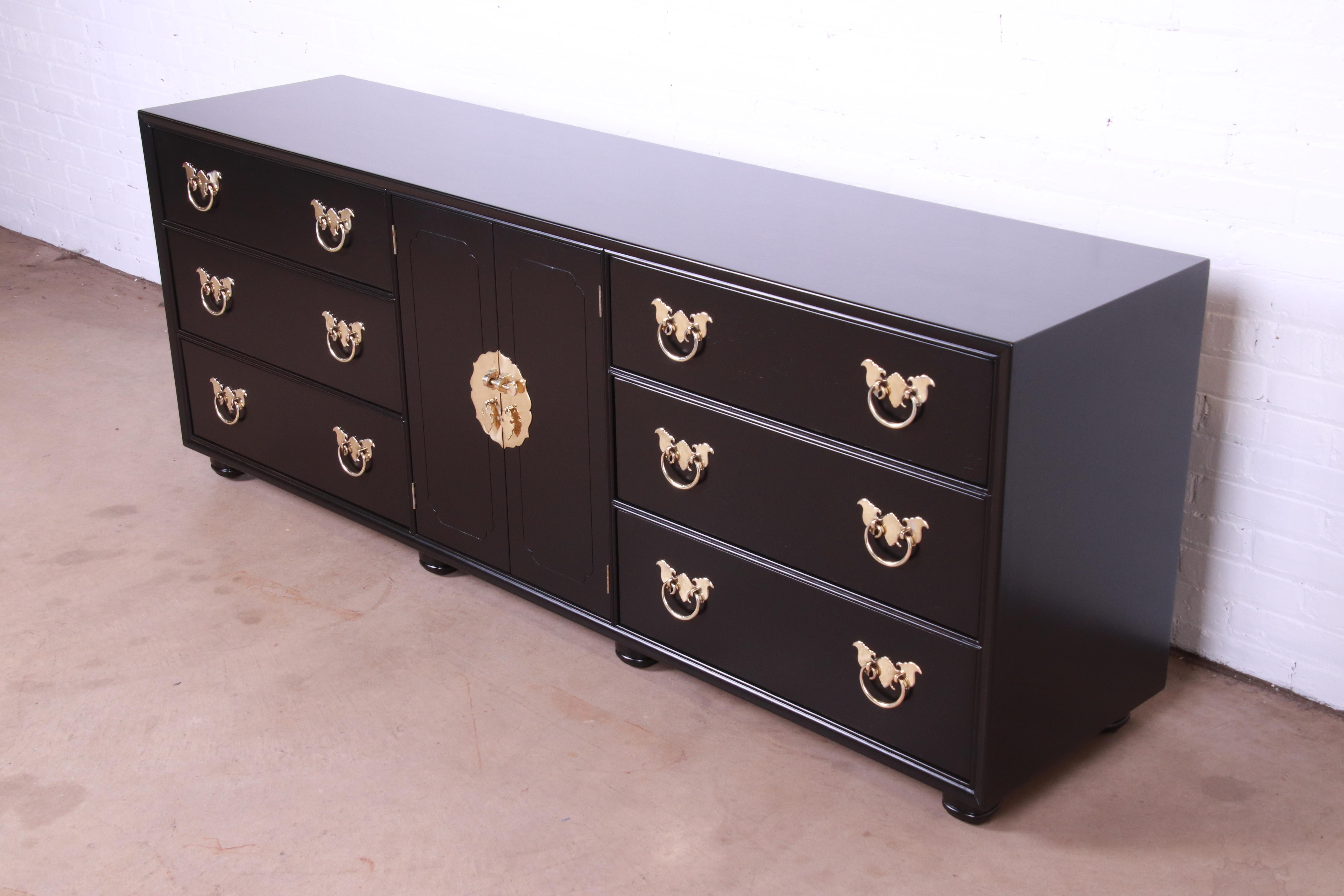 American Henredon Hollywood Regency Chinoiserie Black Lacquered Dresser, Newly Refinished