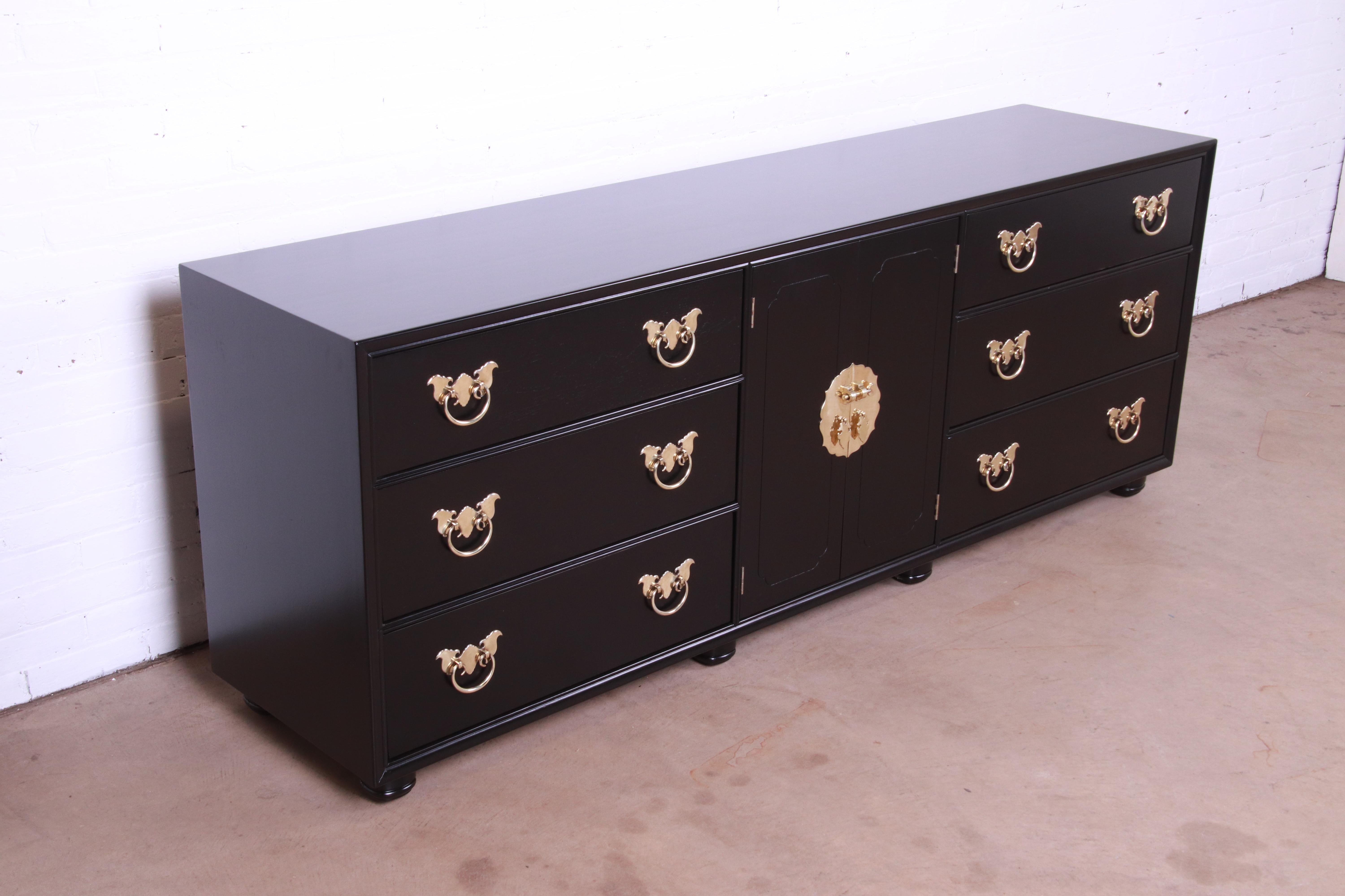 20th Century Henredon Hollywood Regency Chinoiserie Black Lacquered Dresser, Newly Refinished