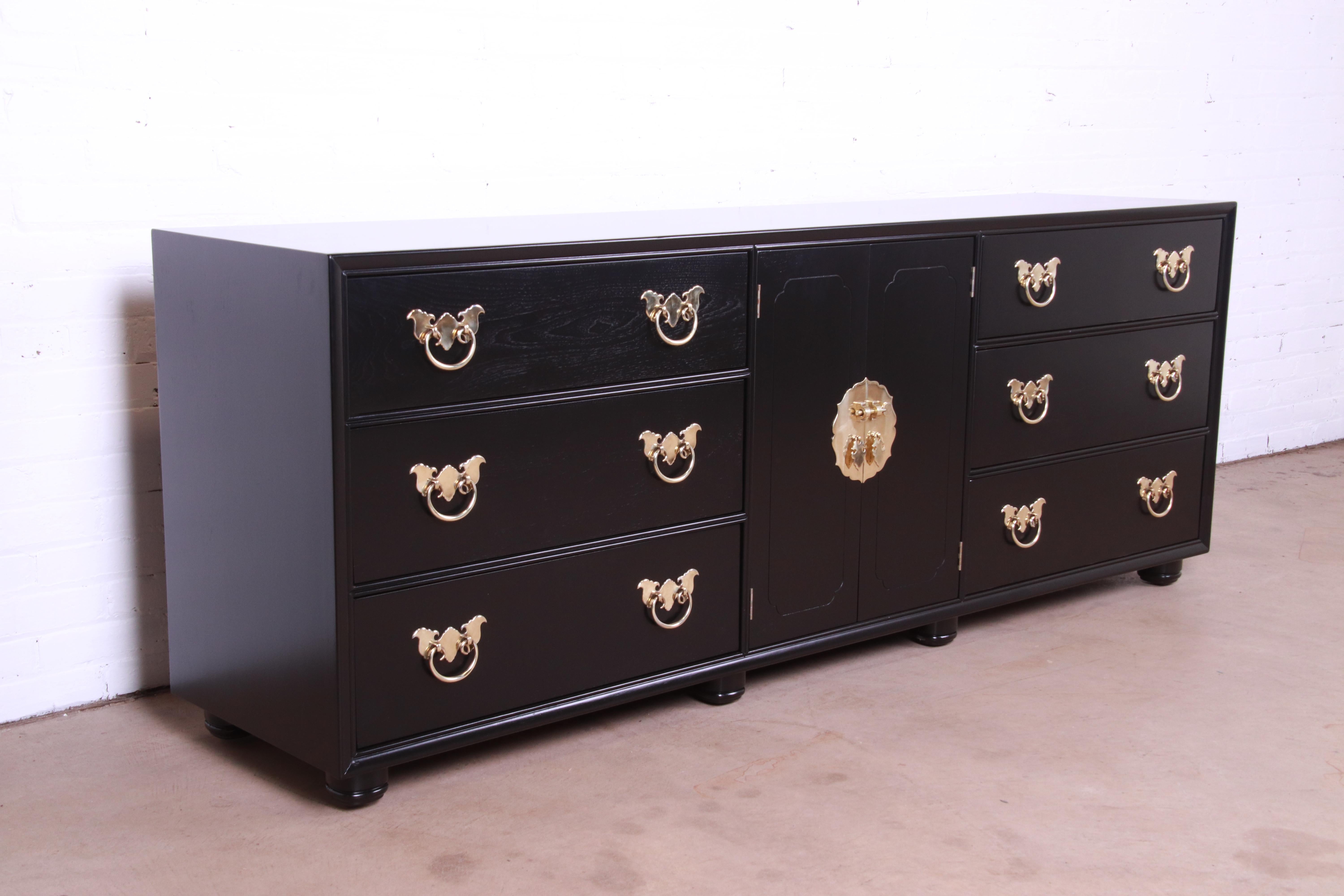 Mahogany Henredon Hollywood Regency Chinoiserie Black Lacquered Dresser, Newly Refinished