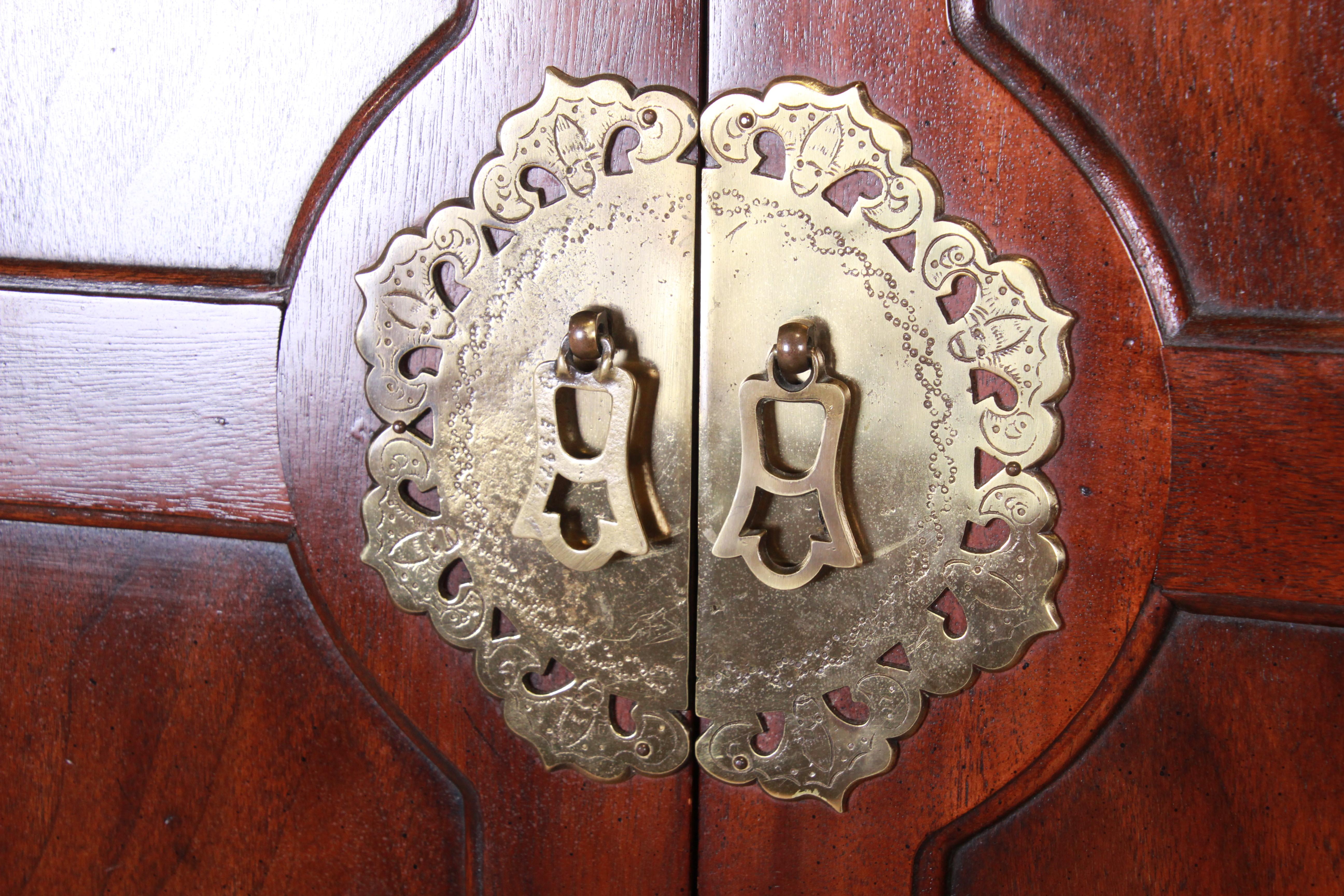 American Henredon Hollywood Regency Chinoiserie Mahogany and Brass Armoire Dresser