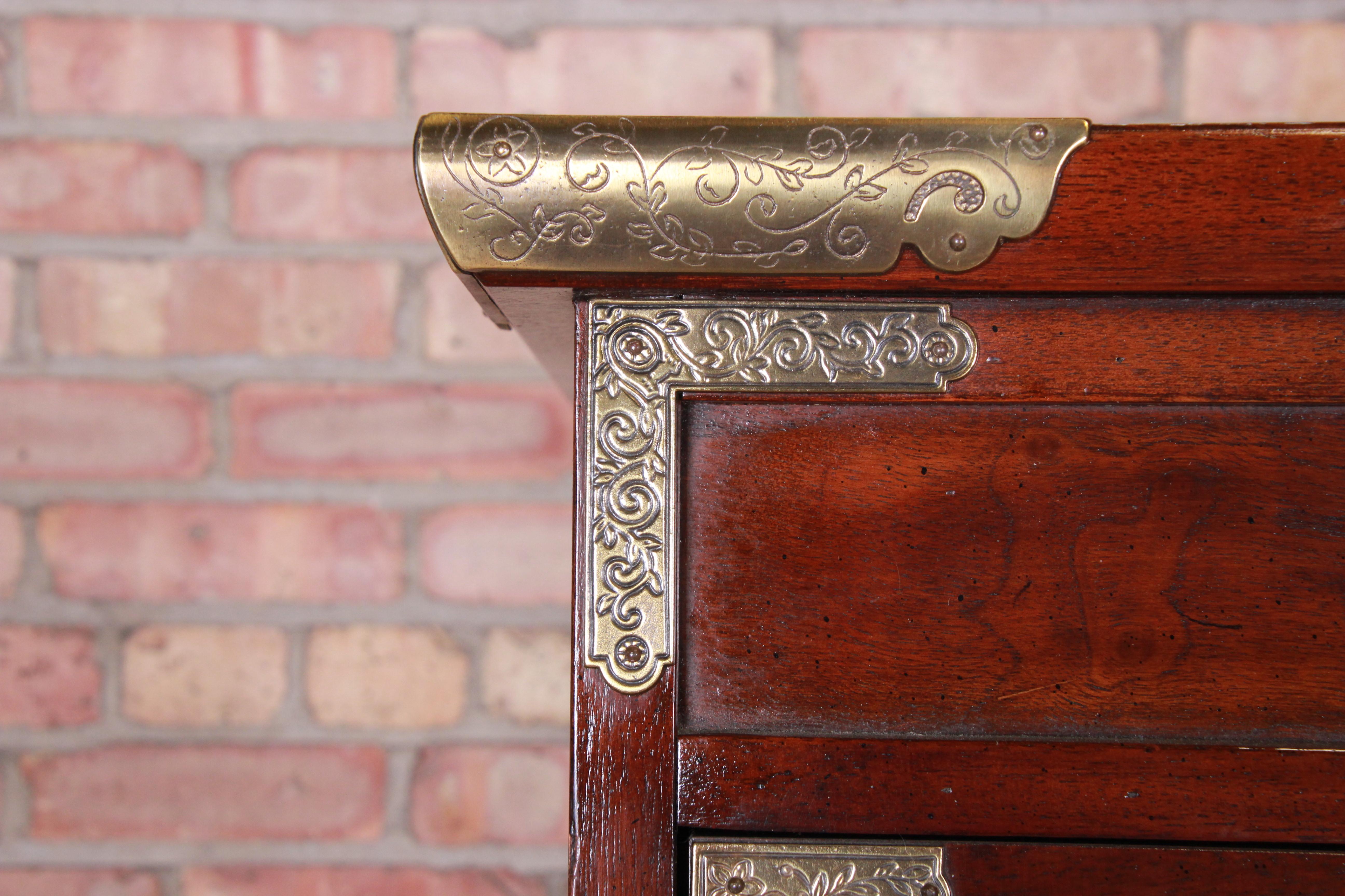 Henredon Hollywood Regency Chinoiserie Mahogany and Brass Armoire Dresser In Good Condition In South Bend, IN