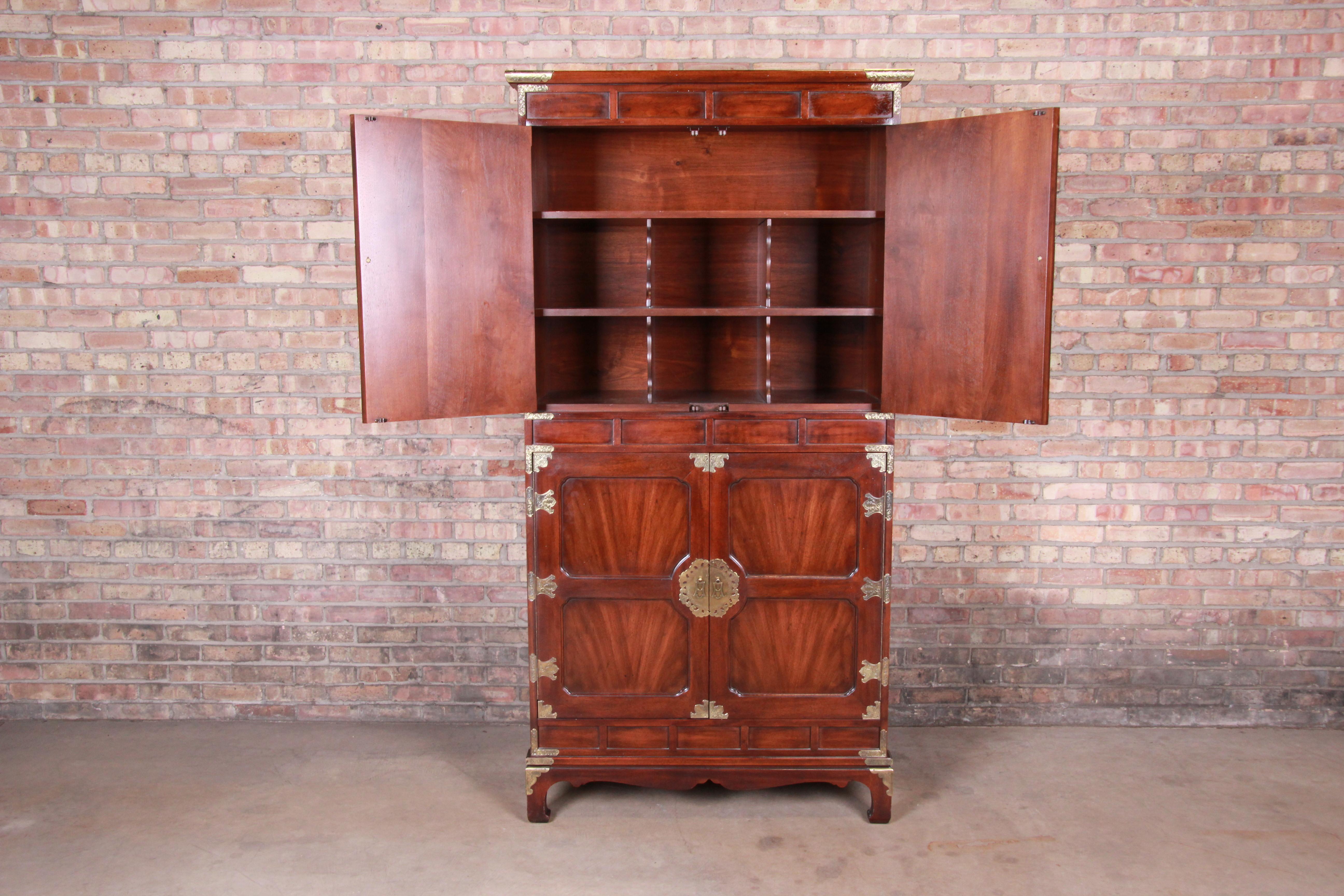 Late 20th Century Henredon Hollywood Regency Chinoiserie Mahogany and Brass Armoire Dresser