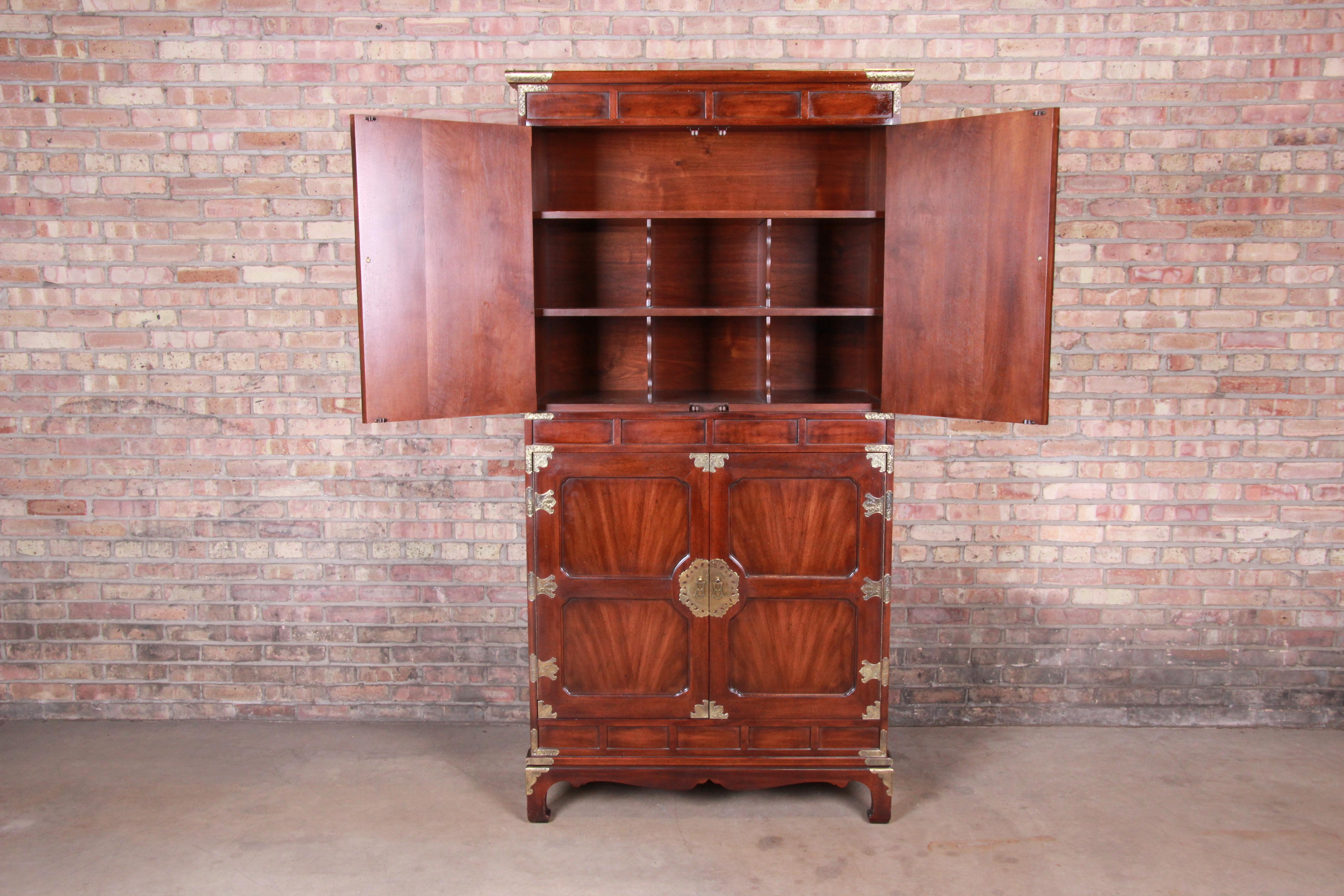 Henredon Hollywood Regency Chinoiserie Mahogany and Brass Armoire Dresser In Good Condition In South Bend, IN