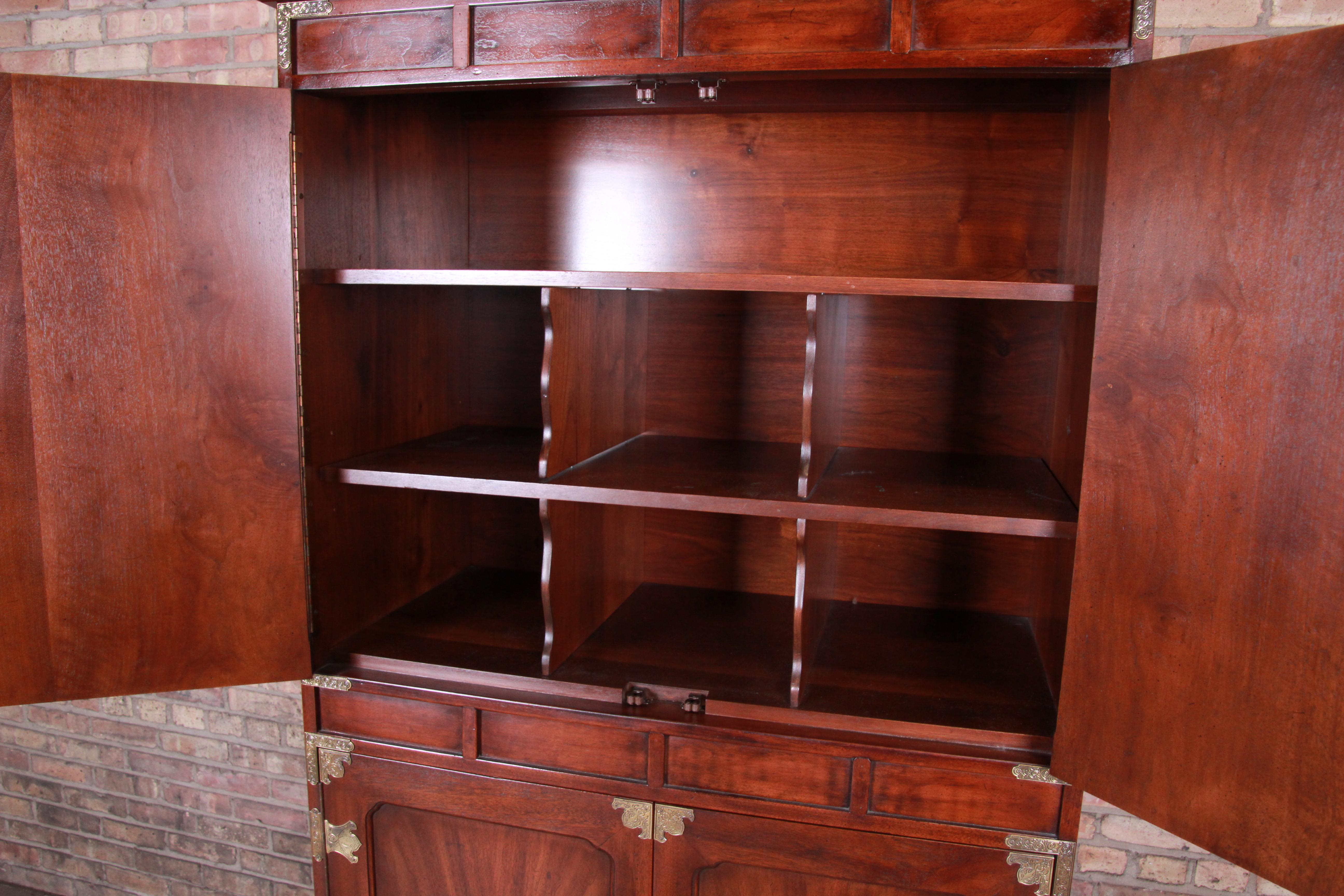 Late 20th Century Henredon Hollywood Regency Chinoiserie Mahogany and Brass Armoire Dresser