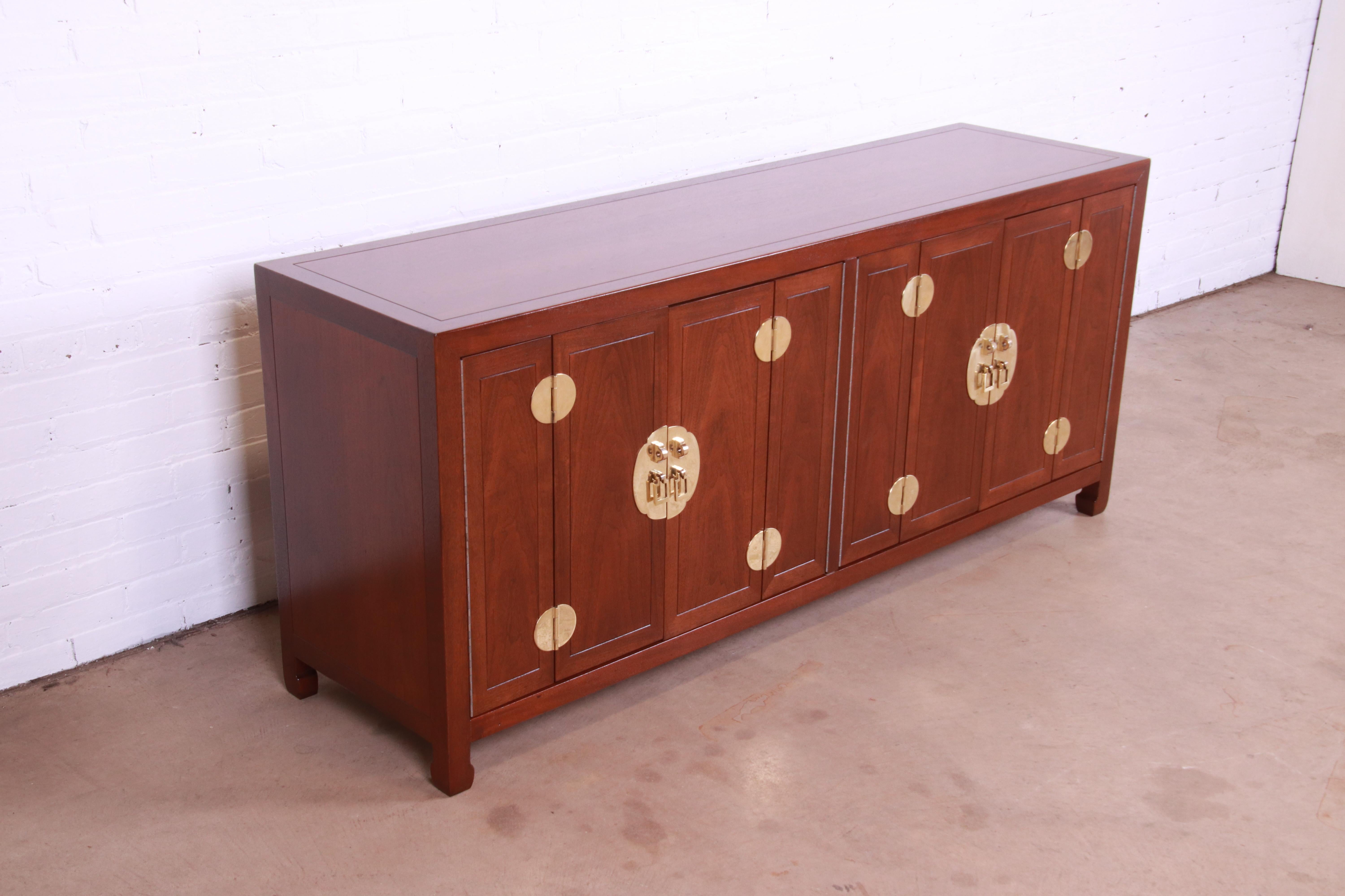 American Henredon Hollywood Regency Chinoiserie Mahogany and Brass Credenza, Refinished