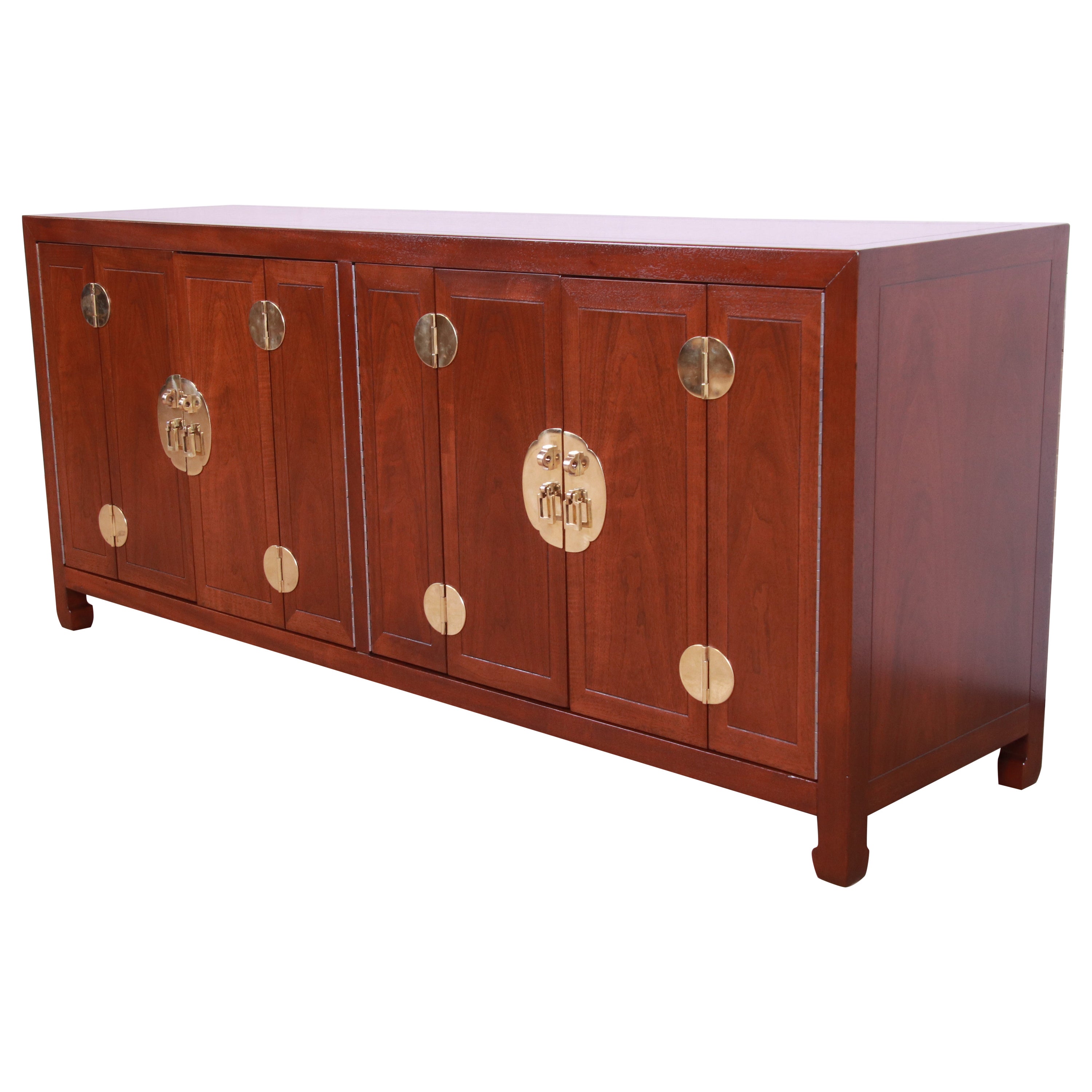 Henredon Hollywood Regency Chinoiserie Mahogany and Brass Credenza, Refinished