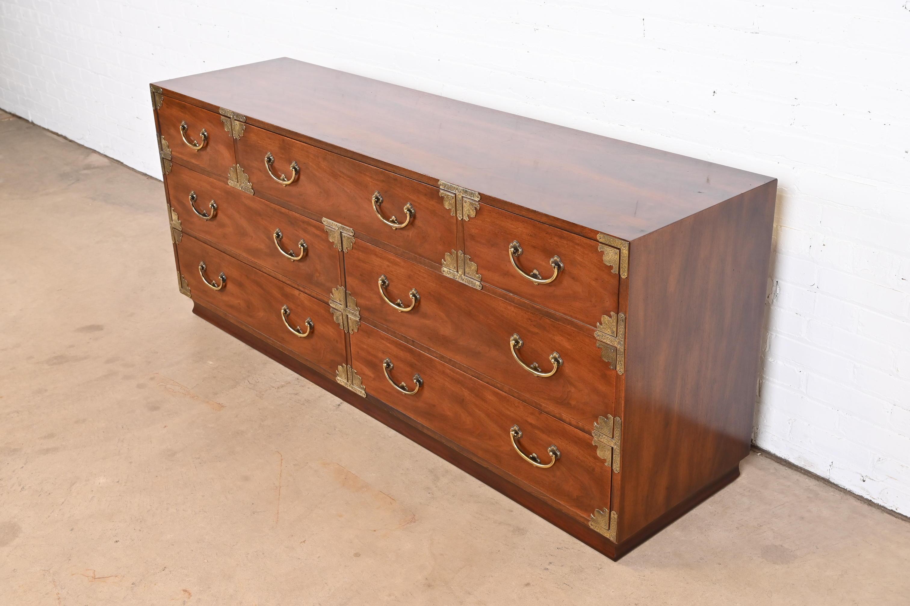 American Henredon Hollywood Regency Chinoiserie Mahogany and Brass Dresser or Credenza