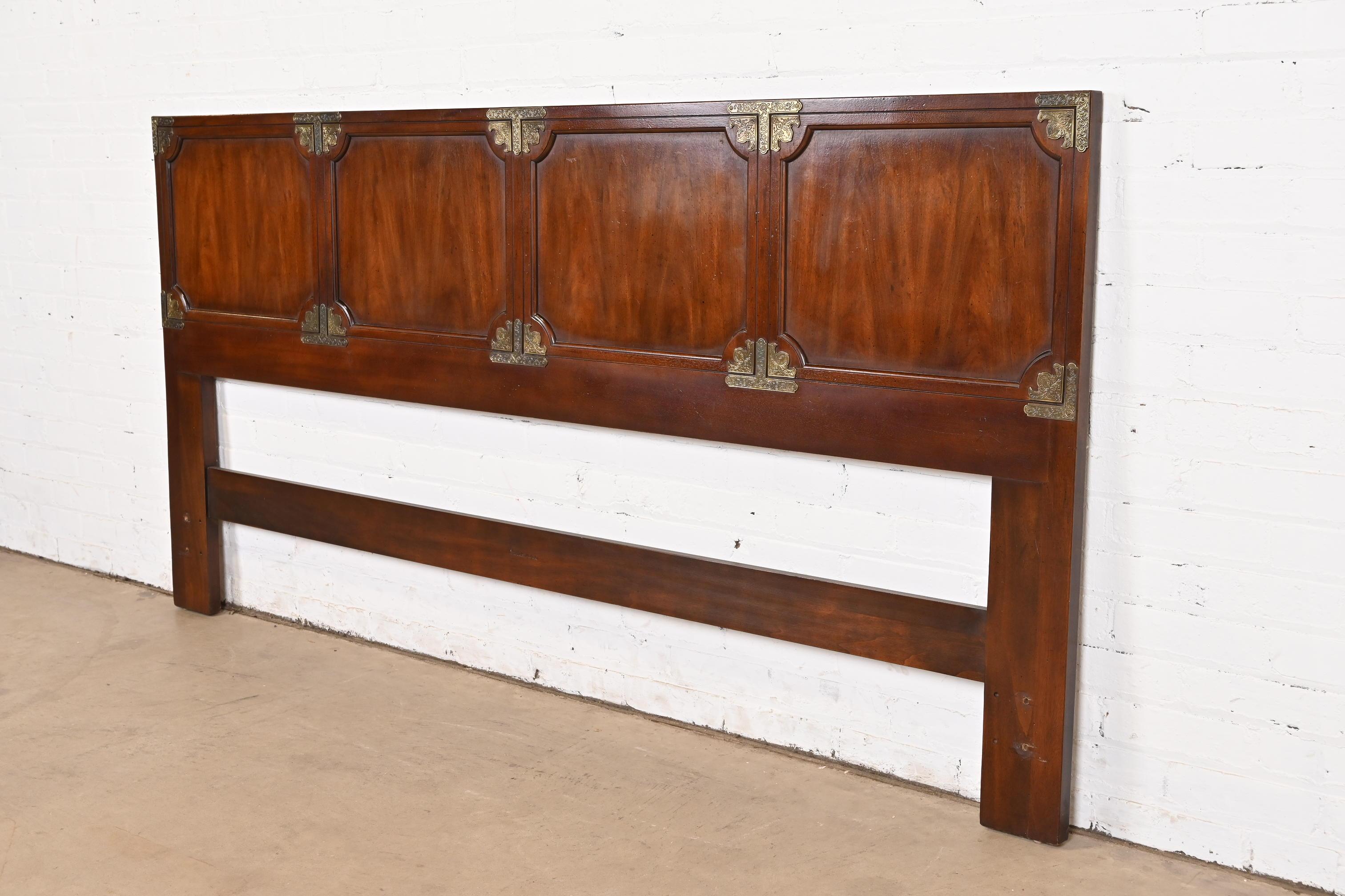 American Henredon Hollywood Regency Chinoiserie Mahogany and Brass King Size Headboard