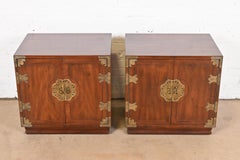 Henredon Hollywood Regency Chinoiserie Mahogany and Brass Nightstands, Pair