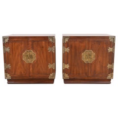 Henredon Hollywood Regency Chinoiserie Mahogany and Brass Nightstands, Pair