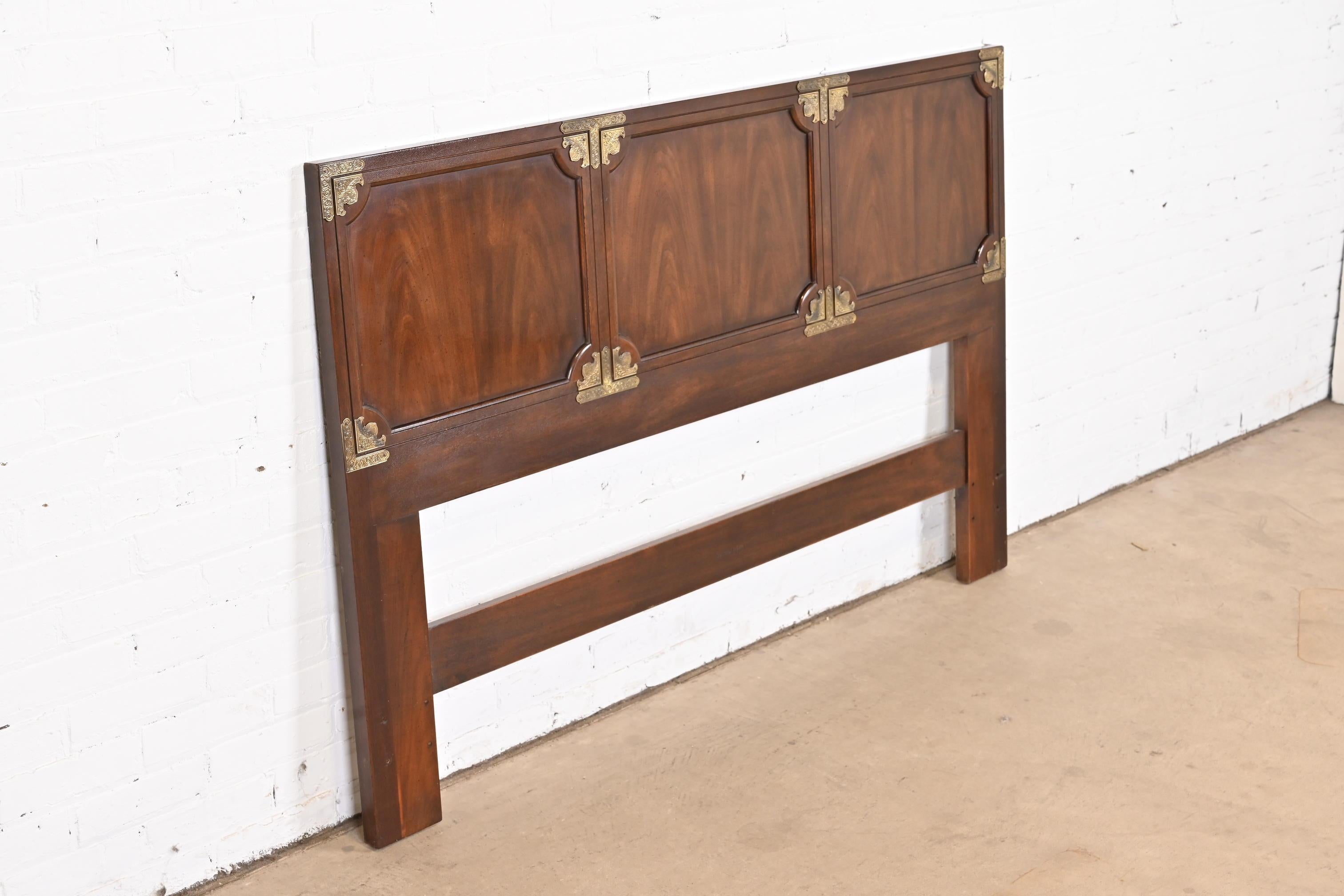 American Henredon Hollywood Regency Chinoiserie Mahogany and Brass Queen Size Headboard
