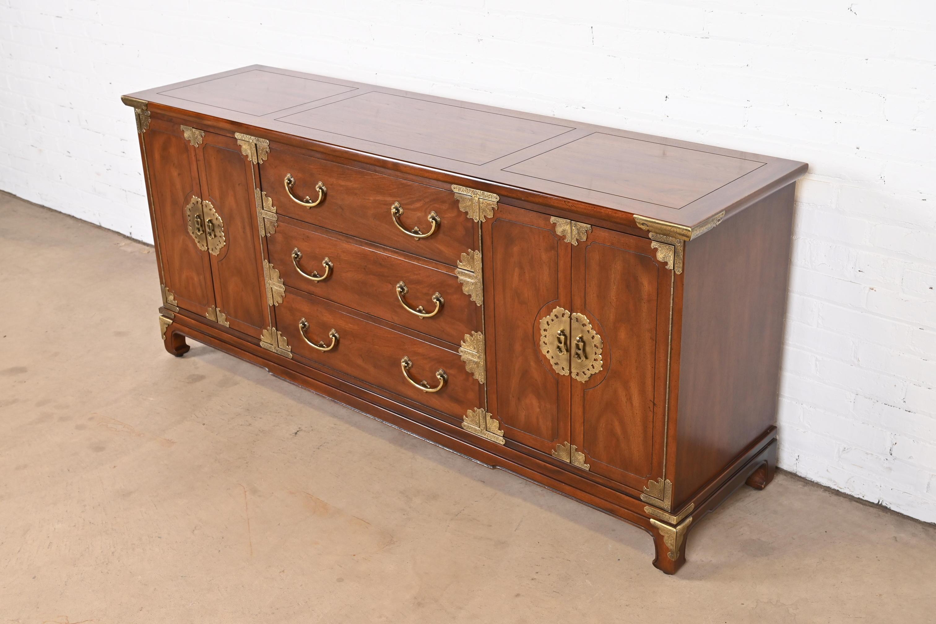 American Henredon Hollywood Regency Chinoiserie Mahogany and Brass Sideboard Credenza