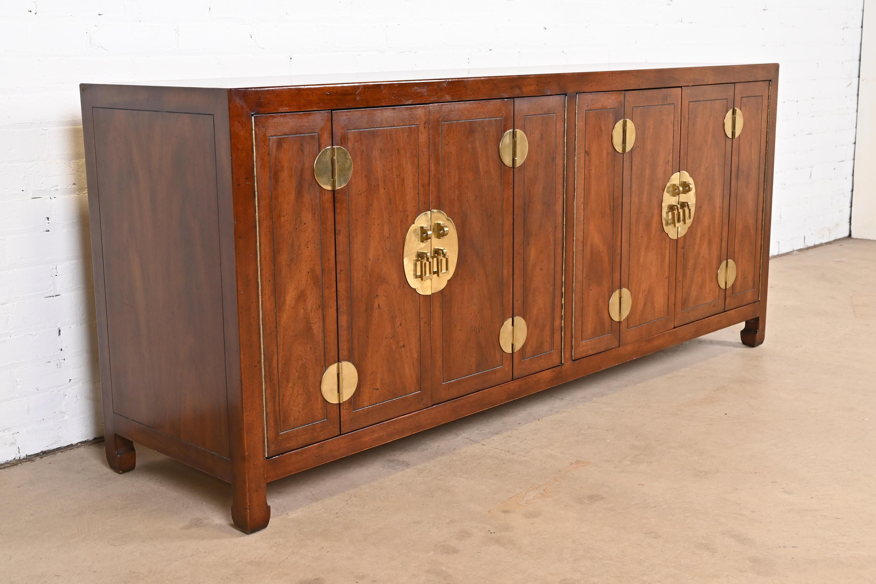 American Henredon Hollywood Regency Chinoiserie Mahogany and Brass Sideboard Credenza