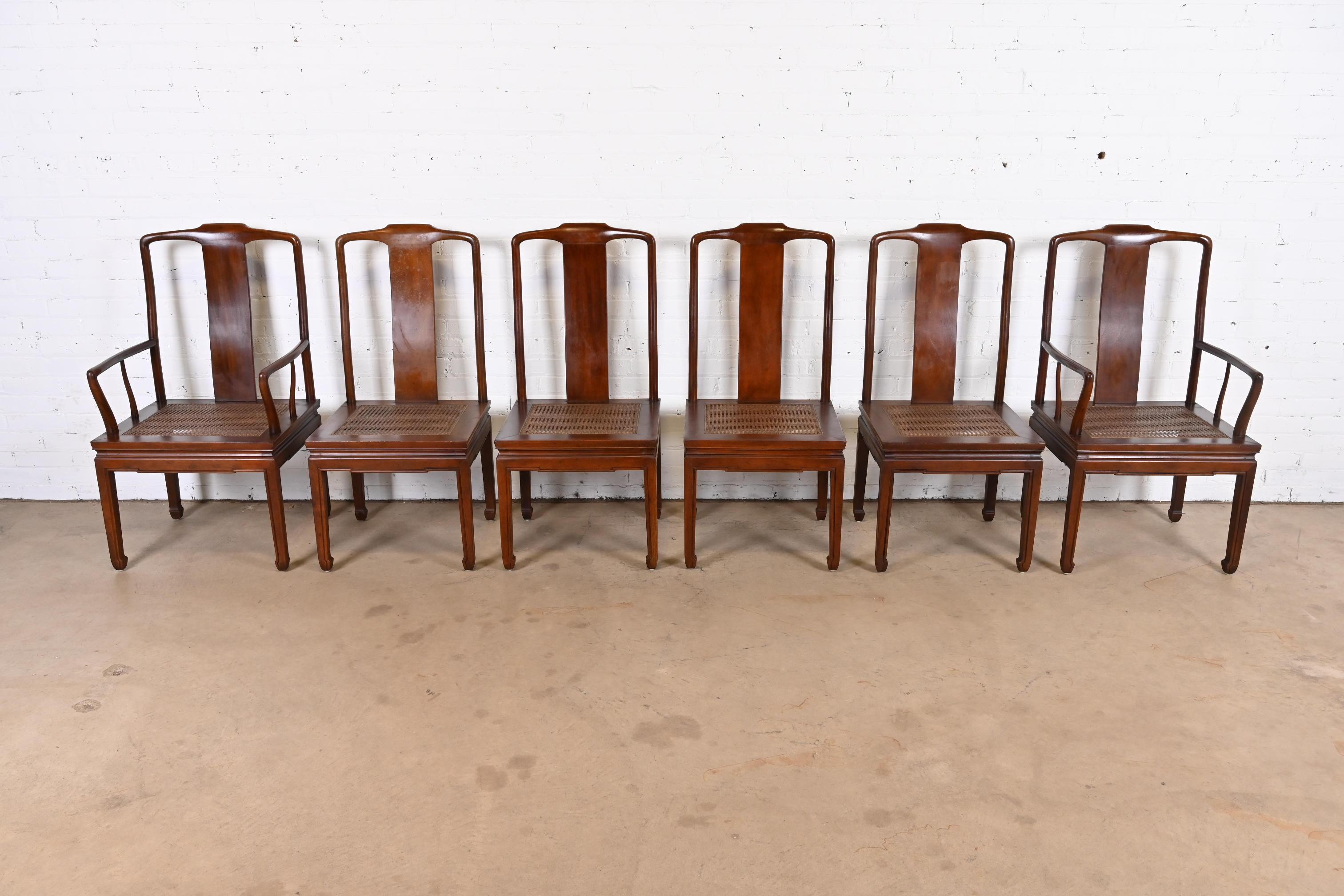 Mid-Century Modern Henredon Hollywood Regency Chinoiserie Mahogany and Cane Dining Chairs, Set of 6