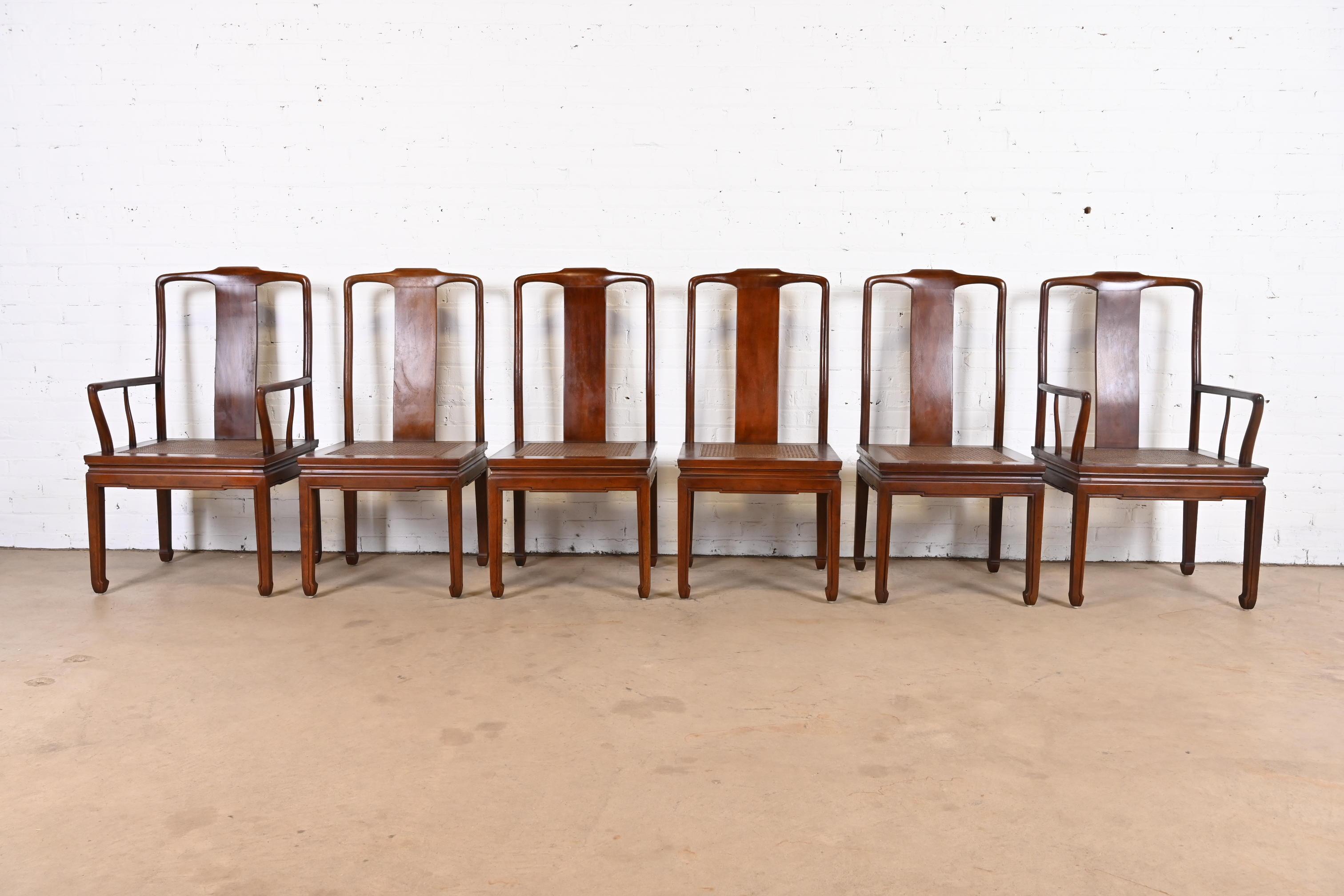 American Henredon Hollywood Regency Chinoiserie Mahogany and Cane Dining Chairs, Set of 6