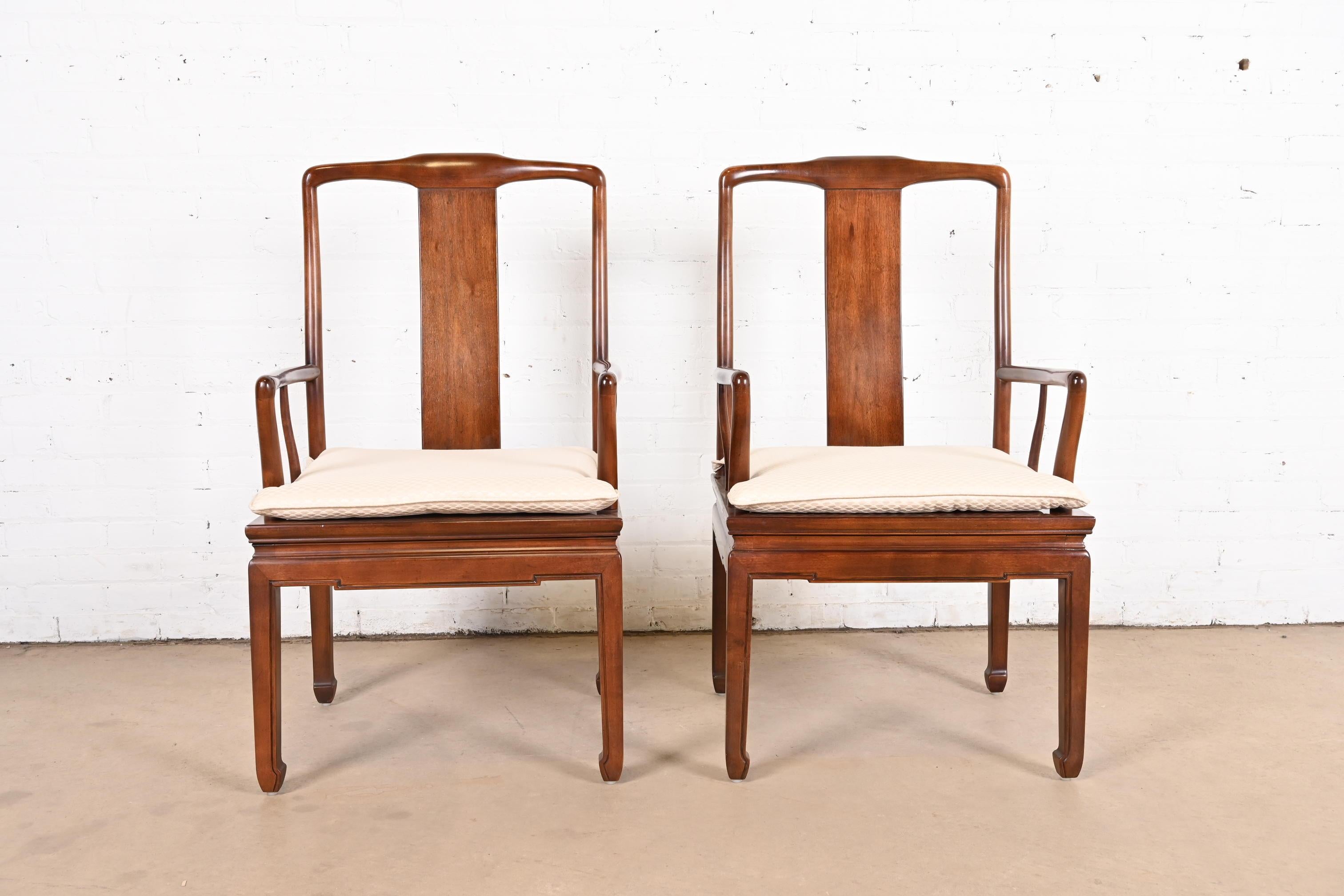 Mid-Century Modern Henredon Hollywood Regency Chinoiserie Sculpted Mahogany Dining Arm Chairs For Sale