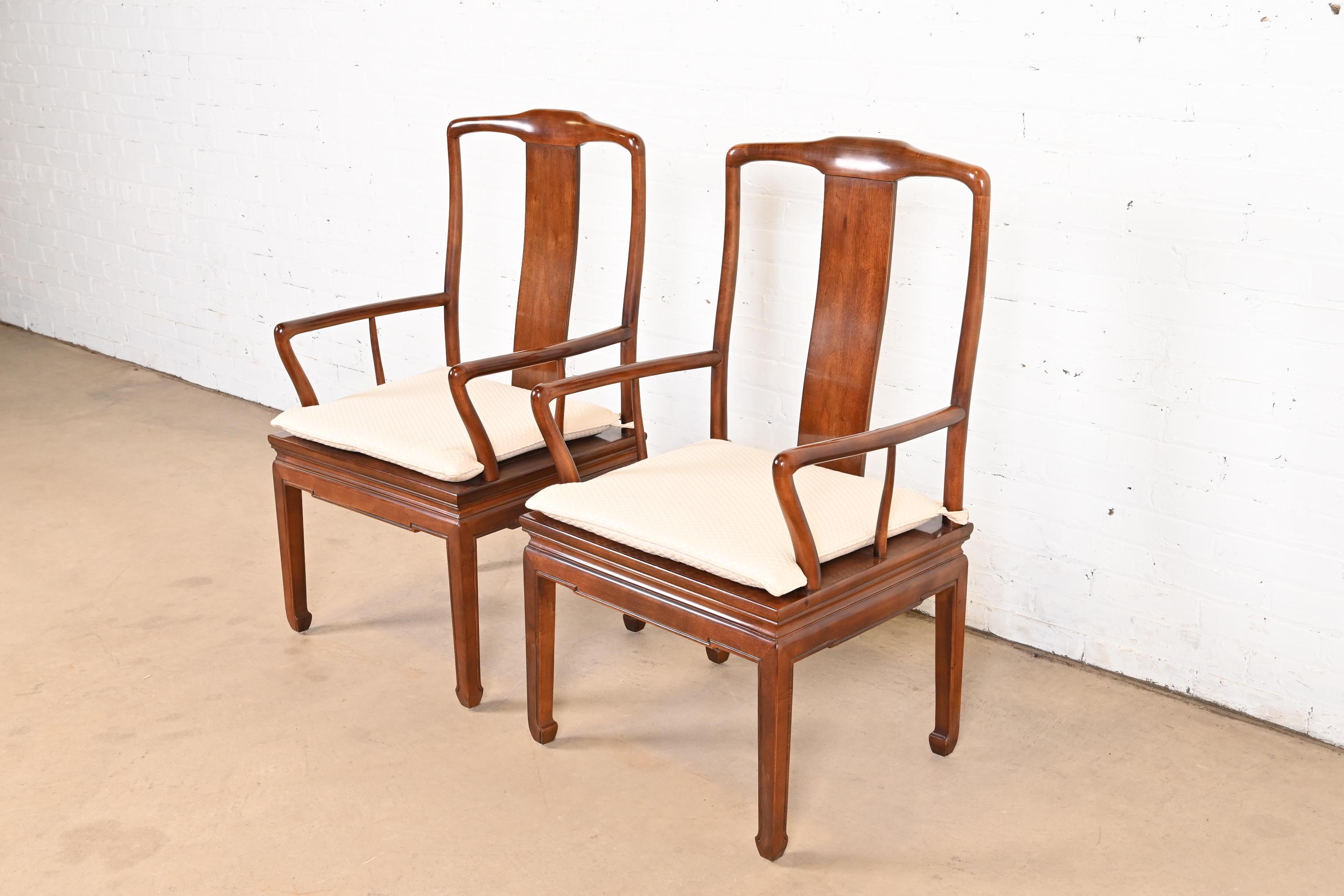 American Henredon Hollywood Regency Chinoiserie Sculpted Mahogany Dining Arm Chairs For Sale