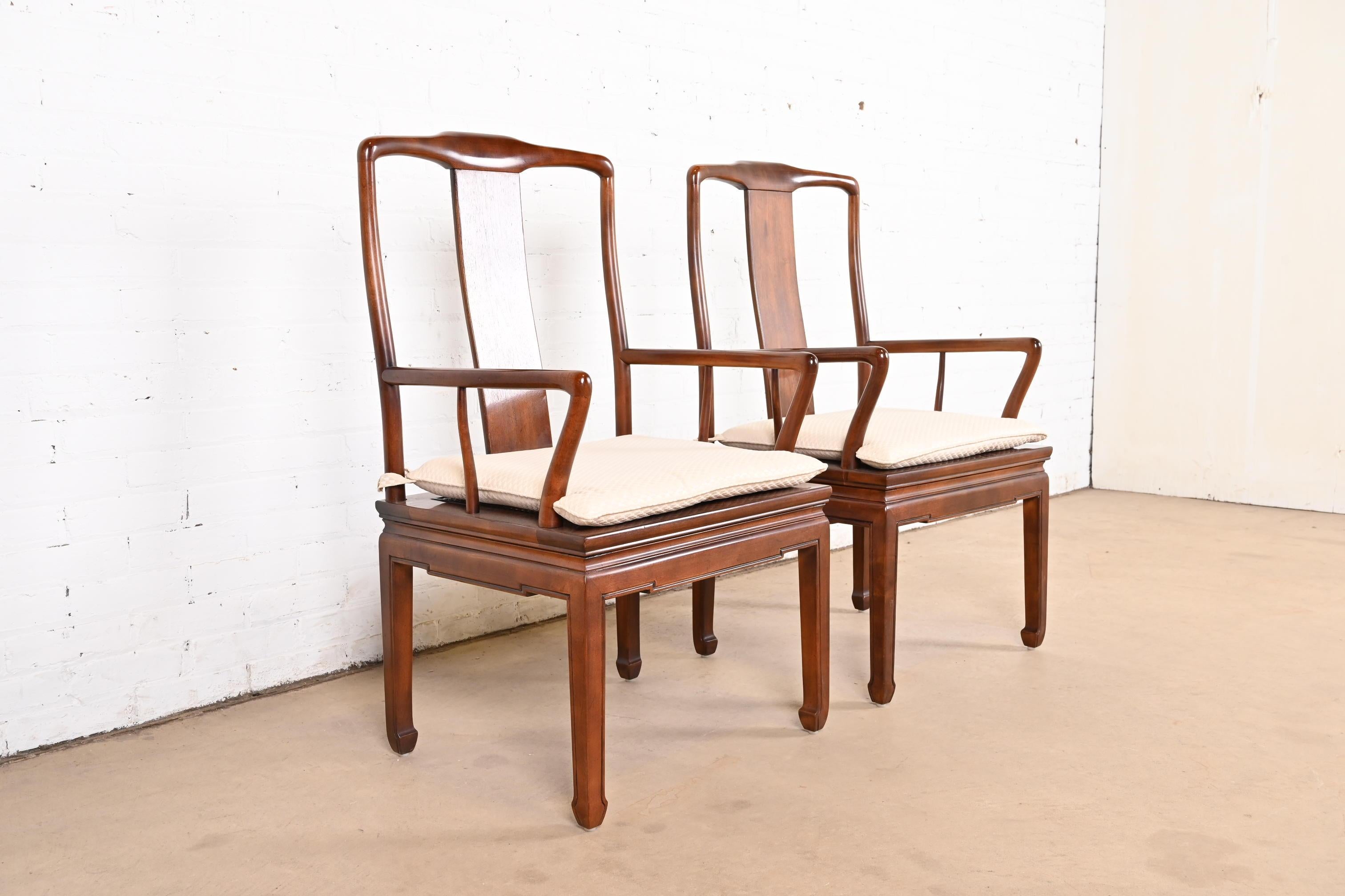 Upholstery Henredon Hollywood Regency Chinoiserie Sculpted Mahogany Dining Arm Chairs For Sale