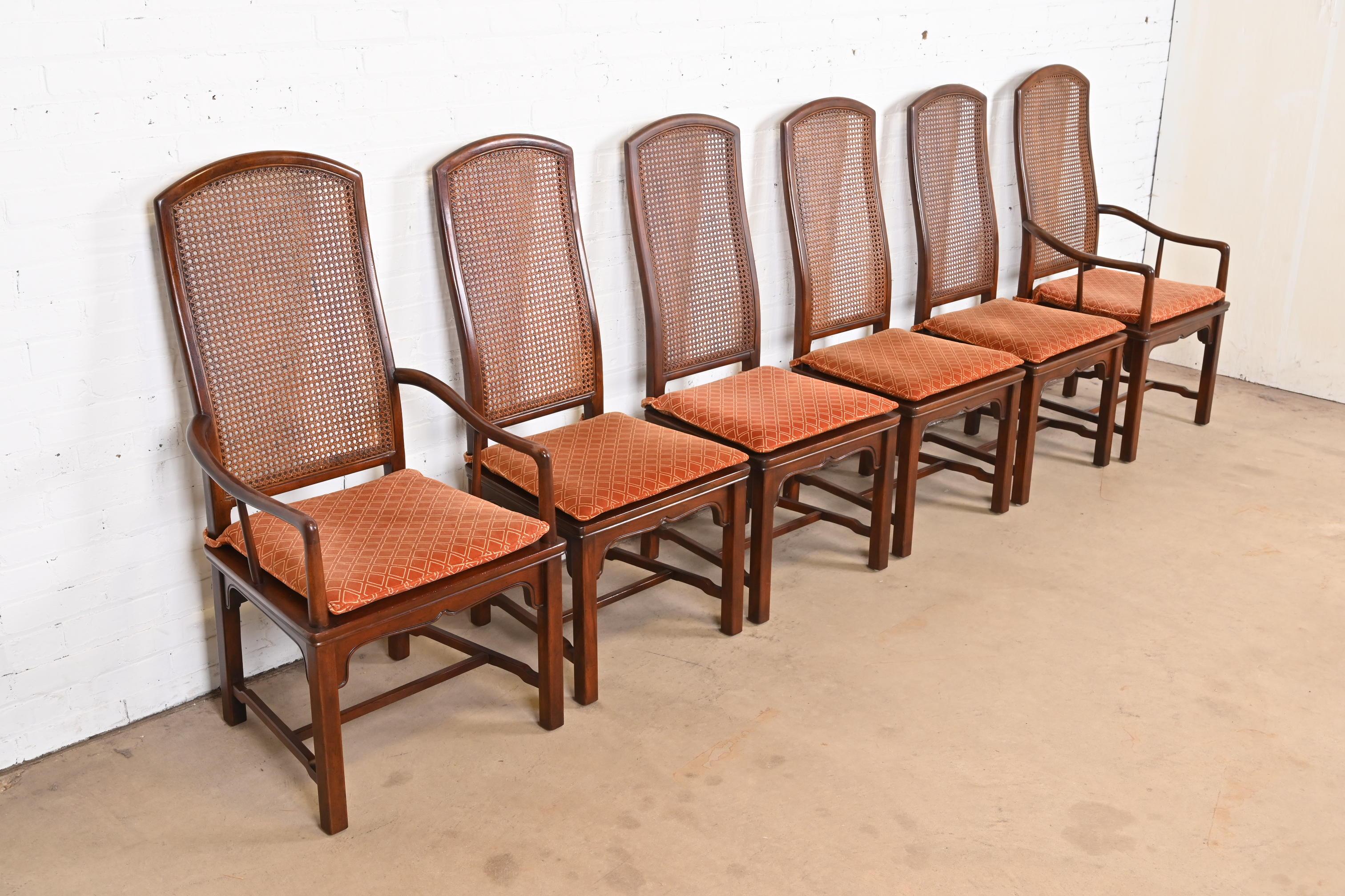 Upholstery Henredon Hollywood Regency Chinoiserie Sculpted Mahogany Dining Chairs, Set of 6 For Sale