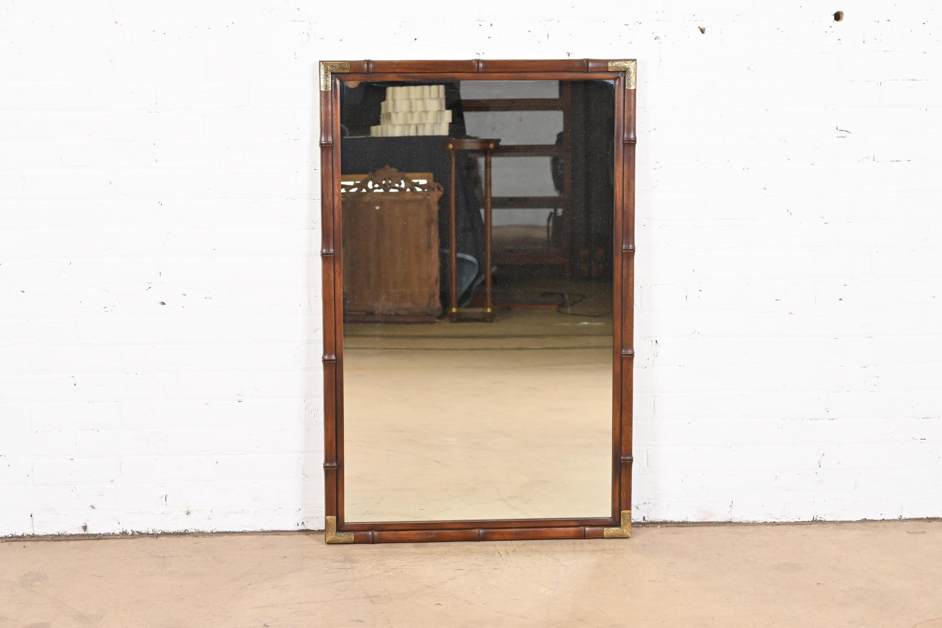 Late 20th Century Henredon Hollywood Regency Chinoiserie Walnut and Brass Bamboo Form Wall Mirror
