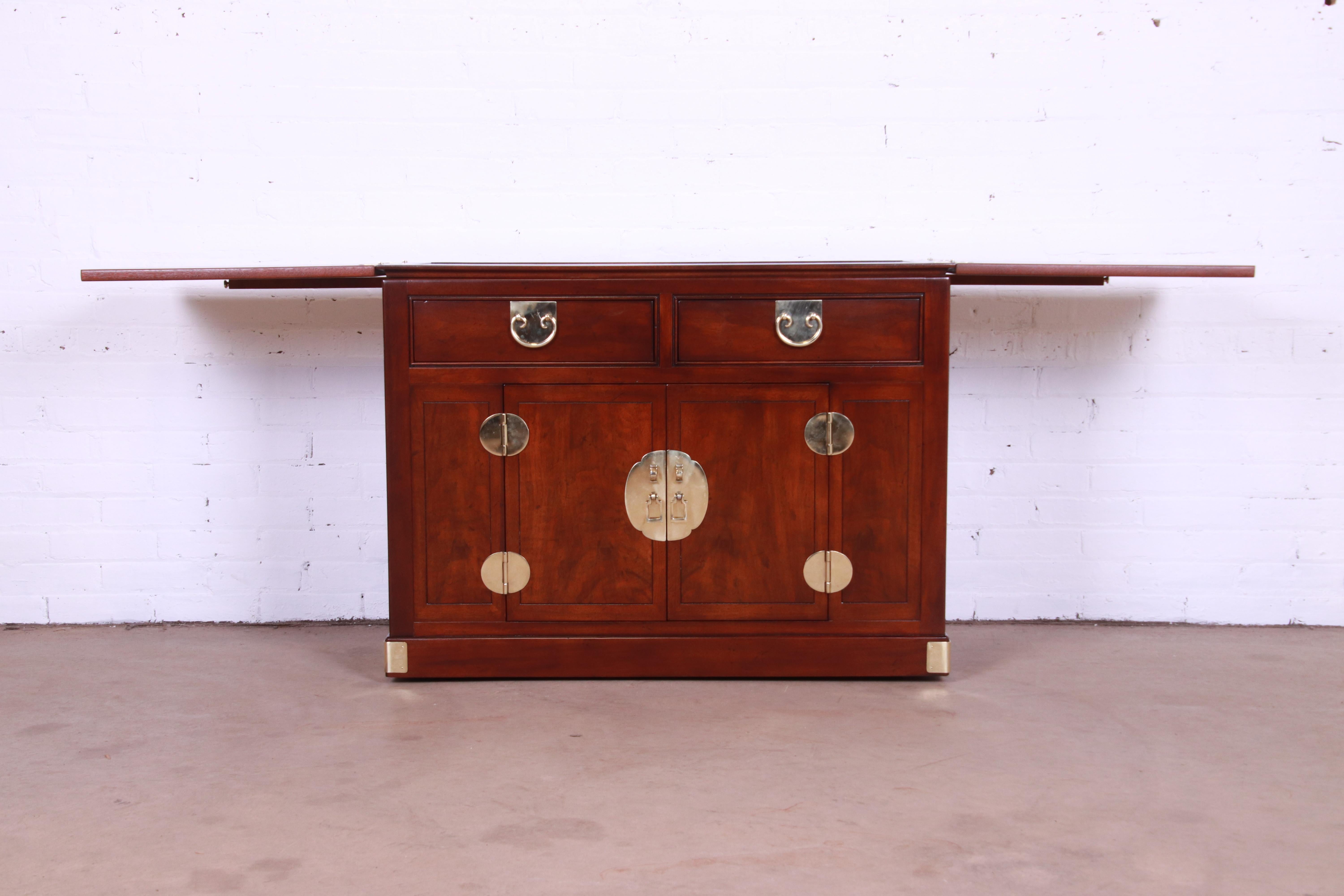 Henredon Hollywood Regency Chinoiserie Walnut and Brass Rolling Bar Cabinet 8