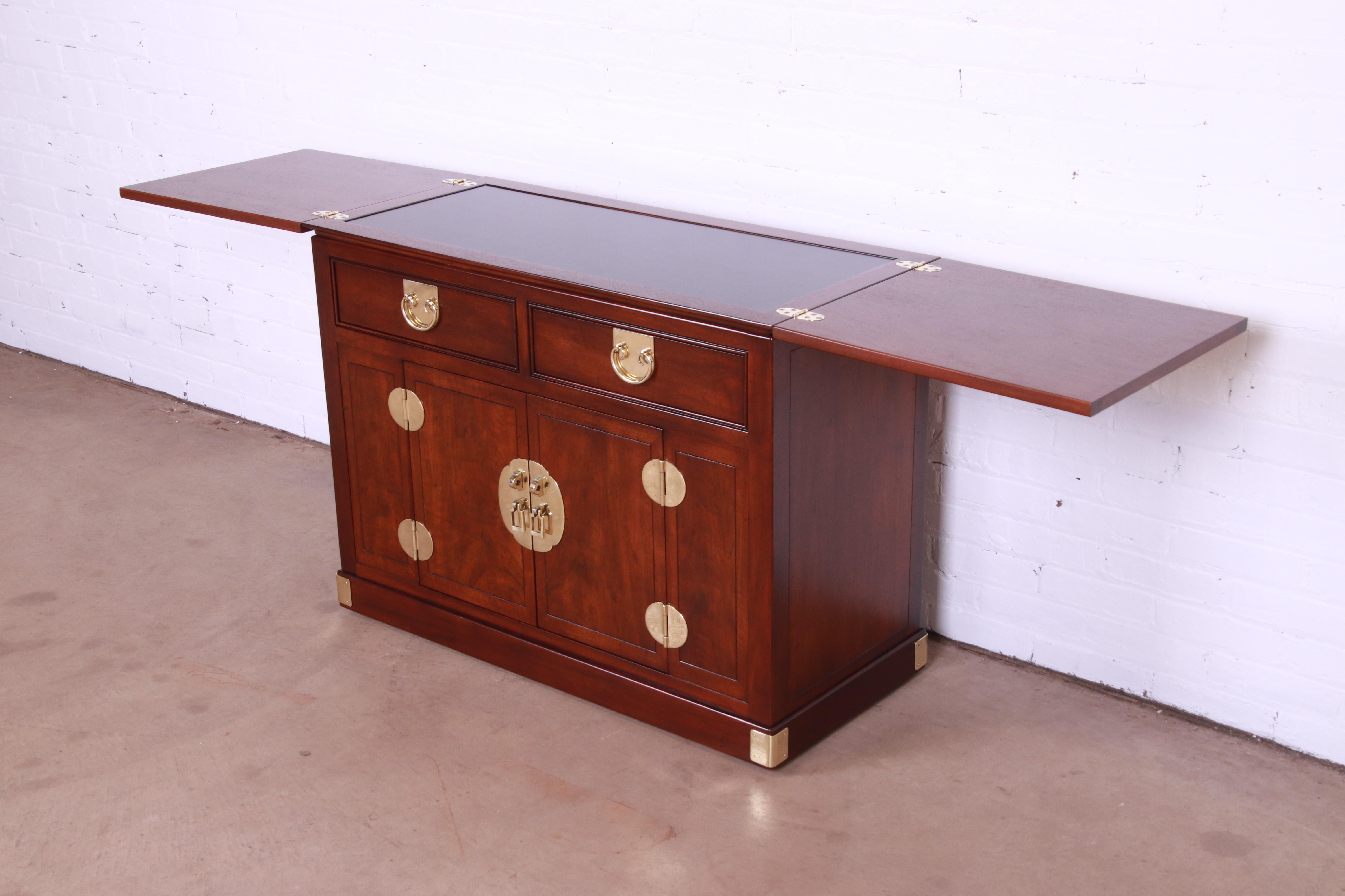 Henredon Hollywood Regency Chinoiserie Walnut and Brass Rolling Bar Cabinet 9