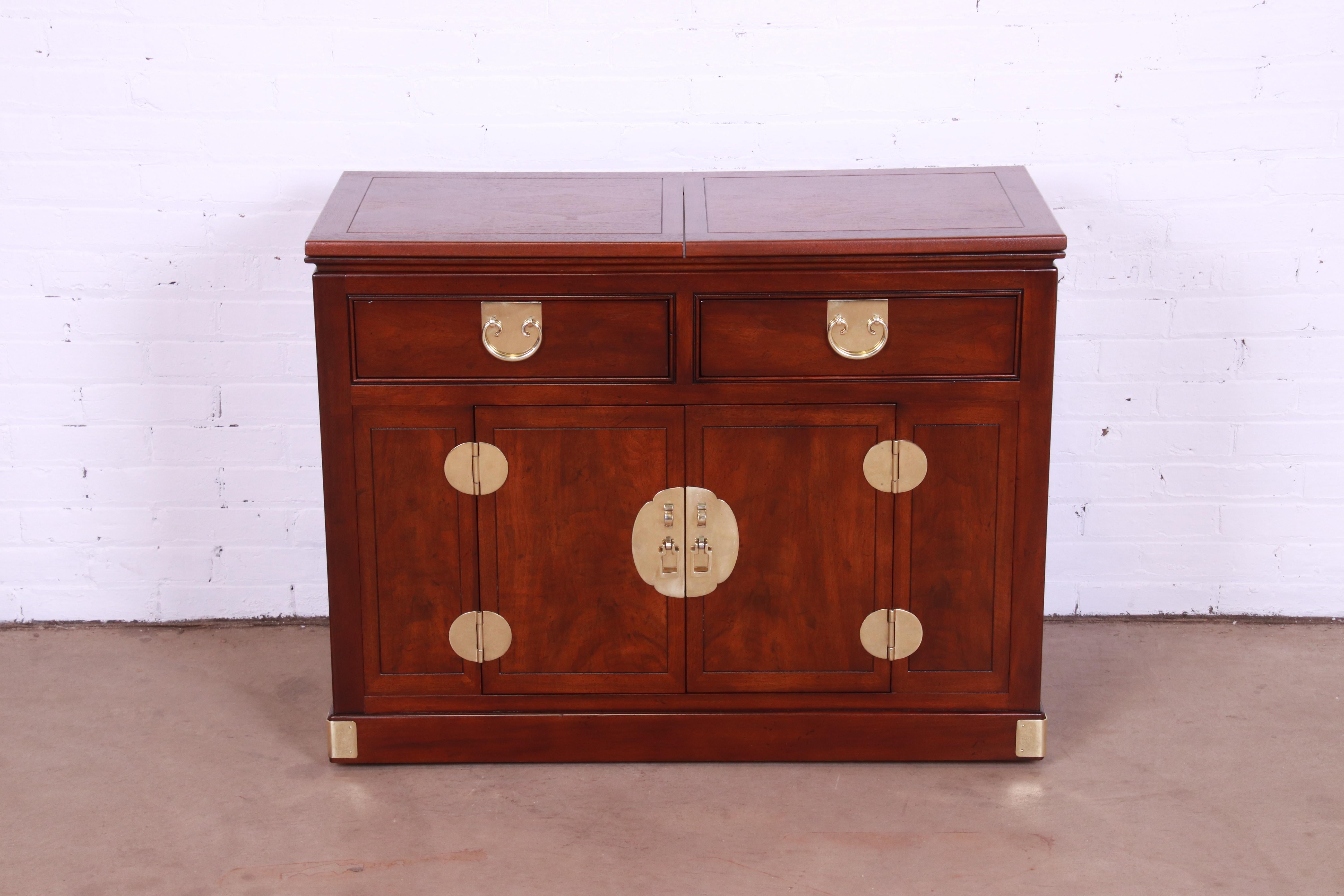 Mid-Century Modern Henredon Hollywood Regency Chinoiserie Walnut and Brass Rolling Bar Cabinet