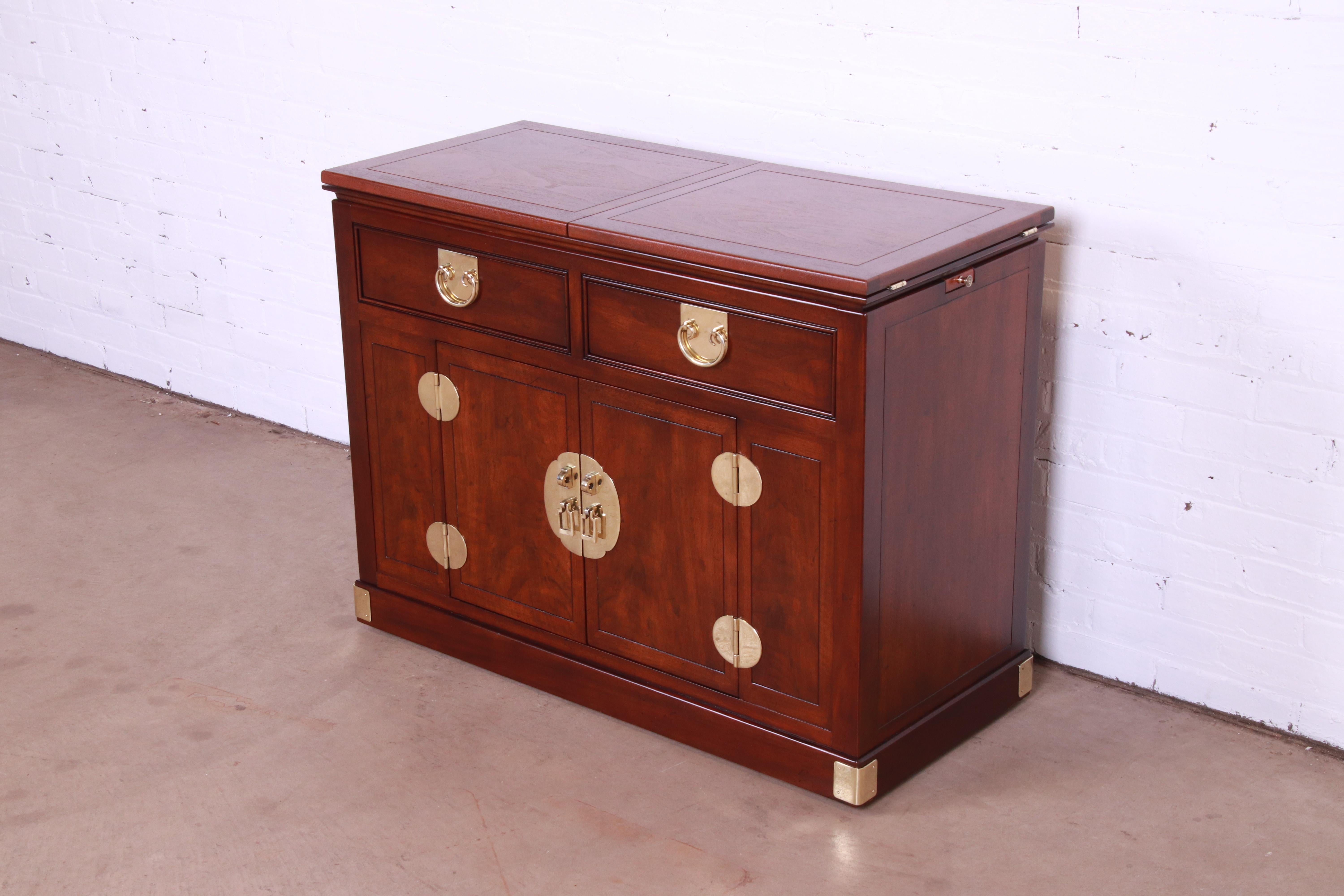 American Henredon Hollywood Regency Chinoiserie Walnut and Brass Rolling Bar Cabinet