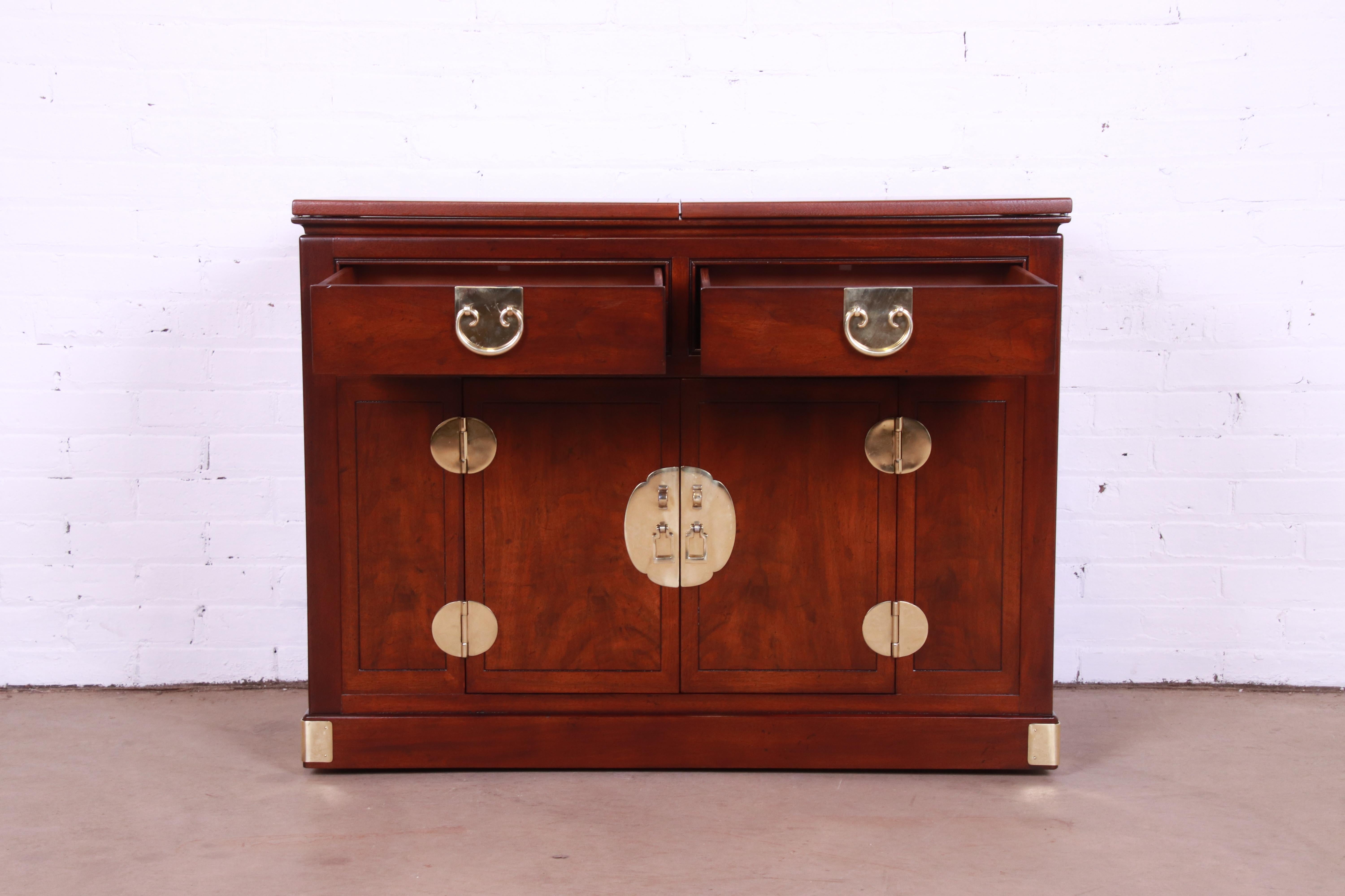 Henredon Hollywood Regency Chinoiserie Walnut and Brass Rolling Bar Cabinet 1