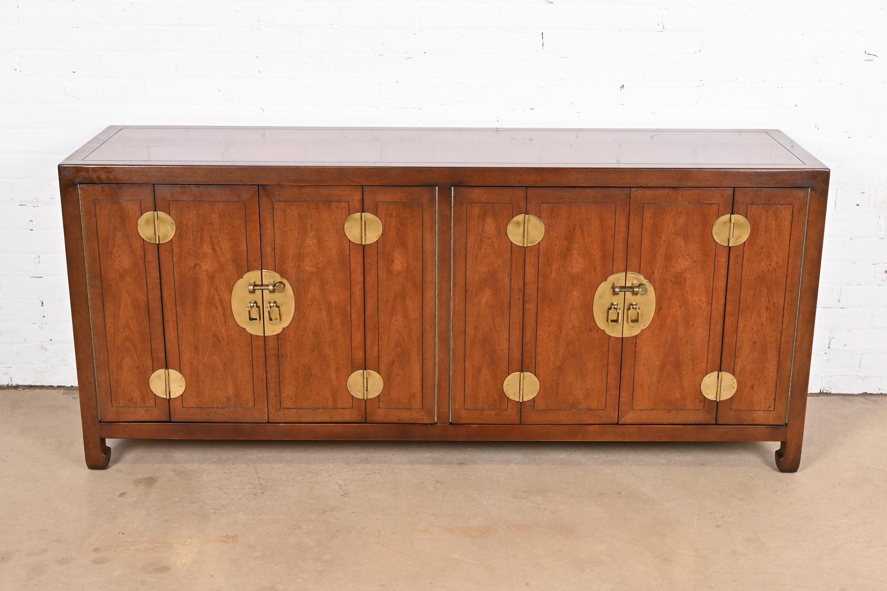 American Henredon Hollywood Regency Chinoiserie Walnut and Brass Sideboard Credenza For Sale